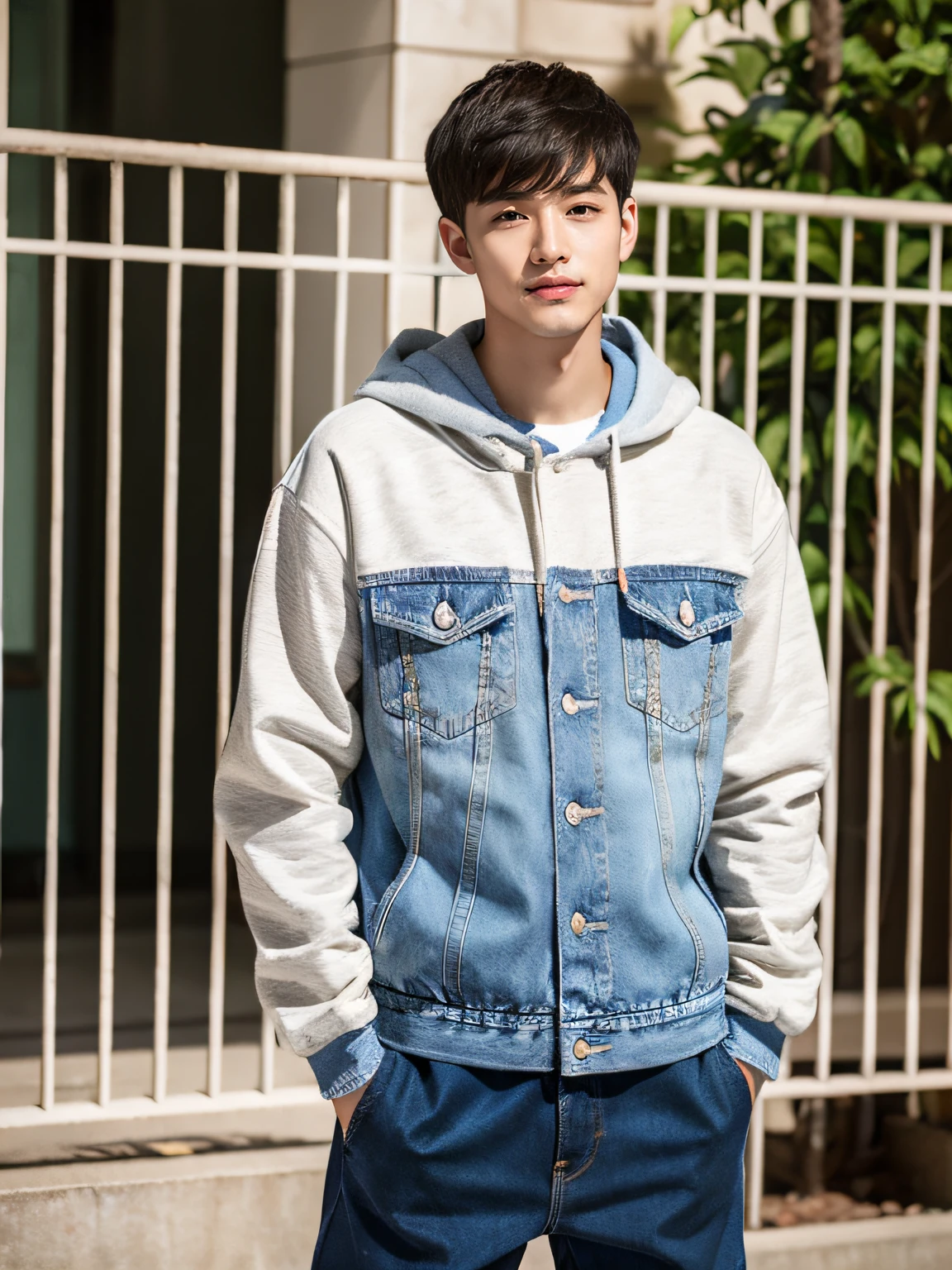 (RAW photo:1.2), (Photorealistic:1.4),Beautiful detailed woman,very detailed eyes and faces, A detailed eye, ultra - detailed, A high resolution, The is very detailed,best qualtiy,illustratio,unified,8k 壁纸,tmasterpiece,best qualtiy,A boy stood,full bodyesbian,Sunshine Youth,Handsome young man,Wu Yanzu's appearance,Tall guy，short detailed hair,full bodyesbian,brown  hair,Sweatshirt,denim pant,athletic sneakers,buliding