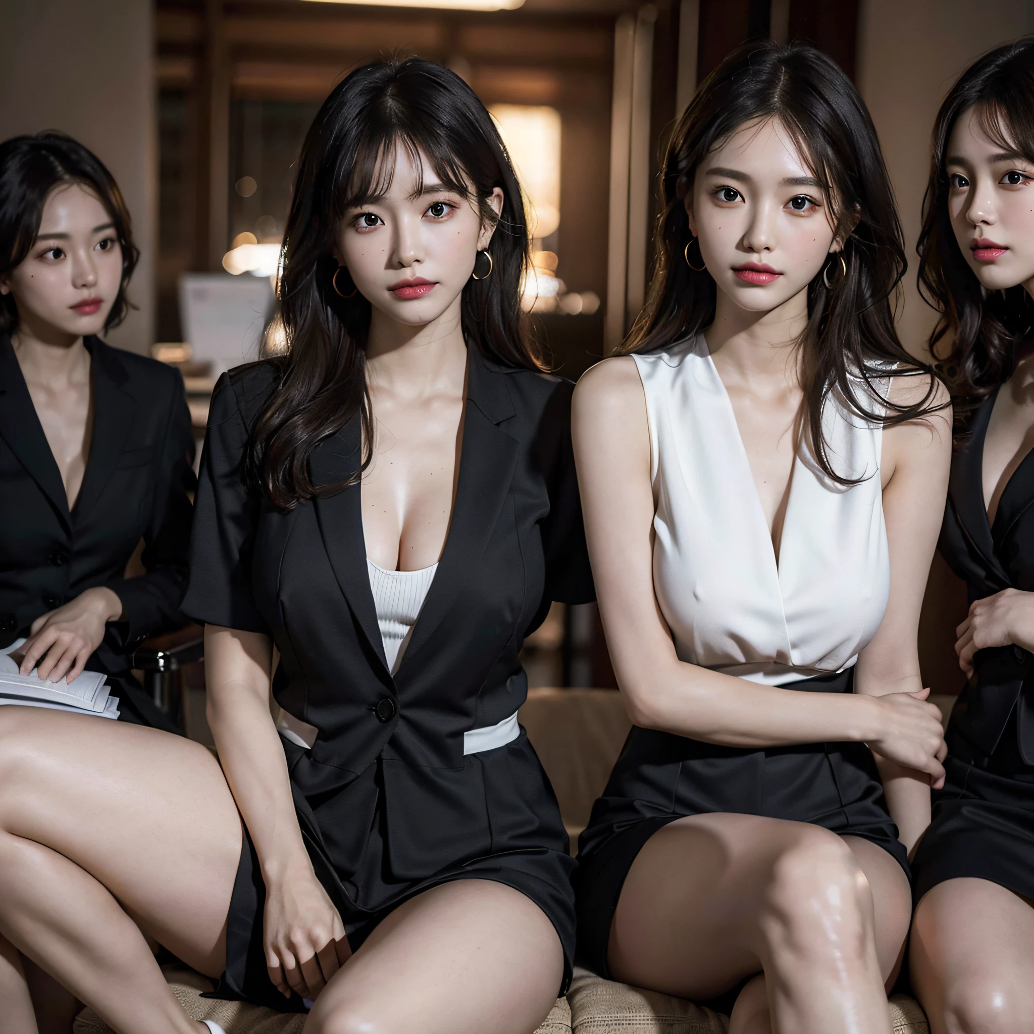 absurdres, RAW photo, extremely delicate and beautiful, masterpiece, Best Quality, ultra high resolution, 16k, hyperrealistic, ultra-detailed, Very detailed CG 8k wallpaper, Beautiful Lighting, Perfect Lightning, Realistic Shadows, perfect anatomy, super Detailed skin, perfect figure, Japanese woman, in her 20s, very Slim body, narrow waist, very small head, handsome detailed woman, very detailed eyes and face, realistic face proportions, Stunning detailed eyes, Realistic beautiful face, very small face, Realistic small beautiful eyes, double eyelids, makeup, tearful mole, mole on chest, earring, bare legs, beautiful and very thin legs, beautiful and very thin thighs, (((very huge round breasts))), short hair, wavy hair, sweat, (full body shot), (((((3 girls))))), (((office suit))), bare legs, tight-fitting,