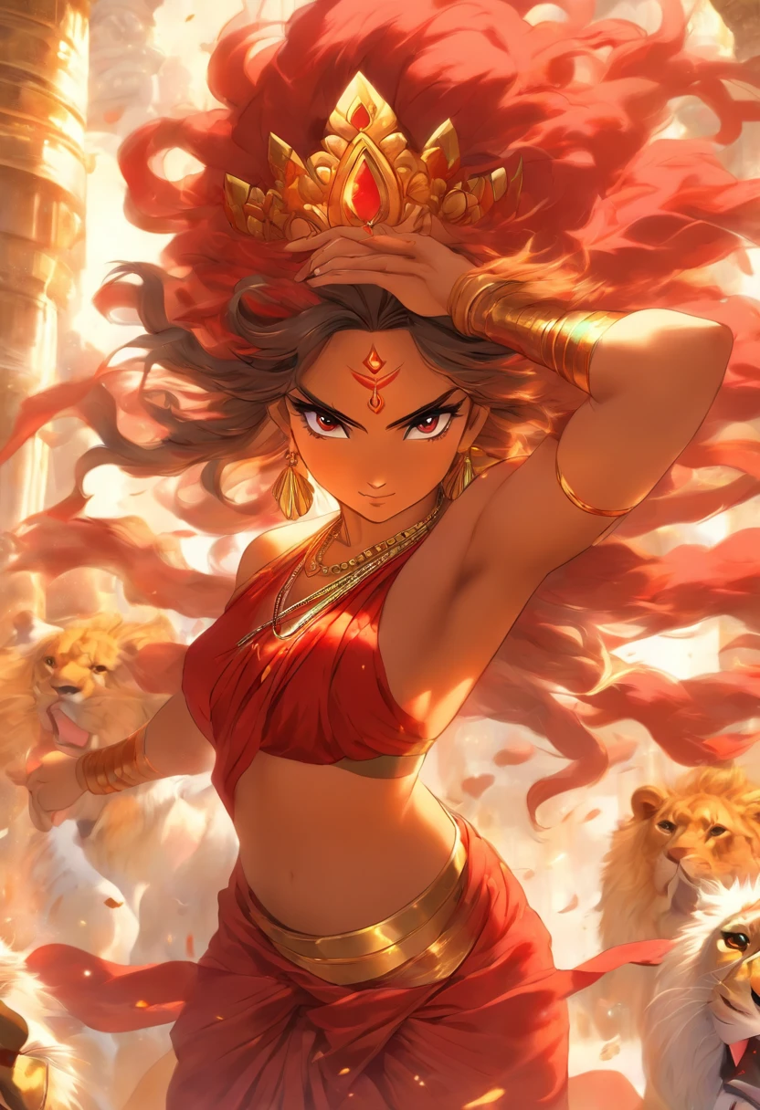 (highly detailed), (illustration), (complex), (beautiful face), (attractive body), (full body image), modern Indian goddess, Hinduism, (sheer red sari), (visible natural breasts), (NSFW) , dynamic pose, deity crown, (lion close), colorful, attractive, heavenly, inside a temple.
