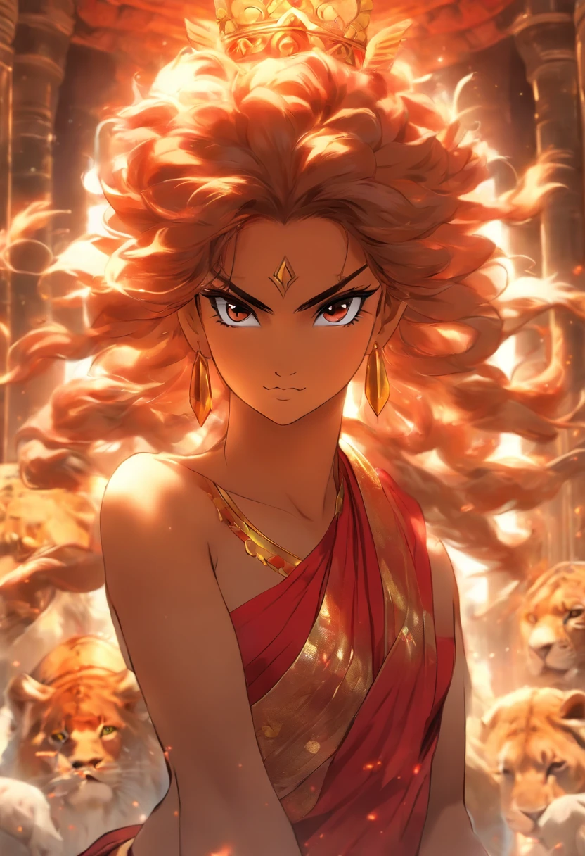 (highly detailed), (illustration), (complex), (beautiful face), (attractive body), (full body image), modern Indian goddess, Hinduism, (sheer red sari), (visible natural breasts), (NSFW) , dynamic pose, deity crown, (lion close), colorful, attractive, heavenly, inside a temple.