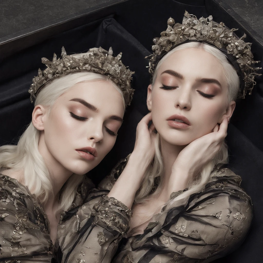 Twin sisters sleeping in a coffin