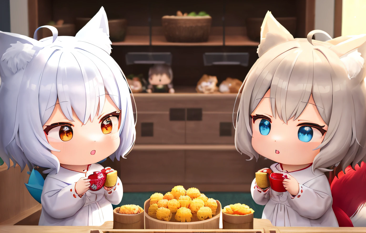 Florist clerk、Pop Mart Blind Box IP、Close up of cute white robe doll、Young One Angel Style、Wear longer, Dress fluently、Lop style、Poseline doll、Little people々々々々々々々々々々々々々々々々々々々々々々々々。unreal enginee 5、Light 3D/C4D production: 8K HD quality/illuminating/Ultra-fine lens description 1.5、flawless、Chibi Background/Cinematic。Tuna bowl、macadamia、(((7Foxes get along well)))
