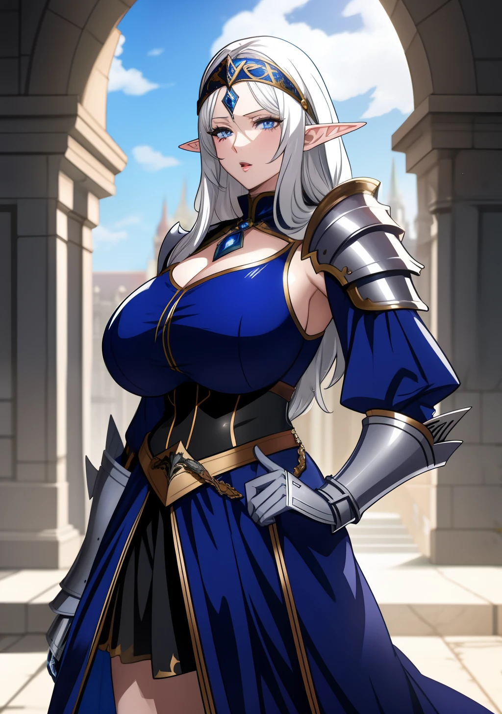 Blue gold Knight armor, knight helmet, skirt, huge tits, head band, busty, silver hair, elf ears, cool face, beauty mark under eyes, blue eyes, long hair, intrincate details, detailed, masterpiece, best quality, 4K, HDR, royal hall, gothic building, upperbody,