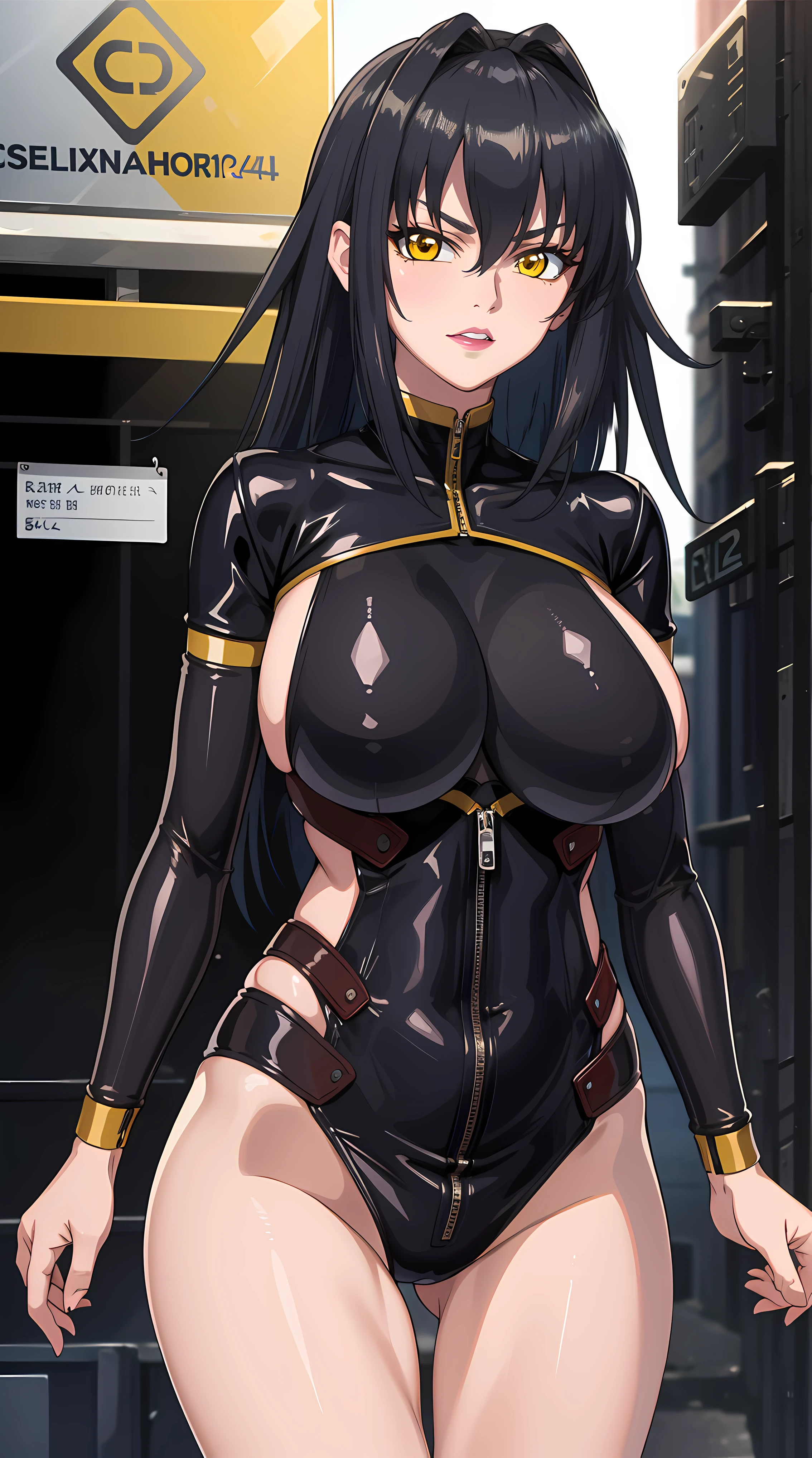 simple background,
cowboy shot, (Annerose:1),
black outfit, leotard latex,
black_hair,yellow_eyes, long_hair, hair intakes,
1 girl, 35yo,mature female,Beautiful Finger,Beautiful long legs,Beautiful body,Beautiful Nose,Beautiful character design, perfect eyes, perfect face, exquisite fingers anatomy,
looking at viewer, (big_yellow_eyes:1.0),(smug:1.3),
official art,extremely detailed CG 8k wallpaper, perfect lighting,Colorful, Bright_Front_face_Lighting,
(masterpiece:1.0),(best_quality:1.0), ultra high res,4K,ultra-detailed,
photography, 8K, HDR, highres, absurdres:1.2, Kodak portra 400, film grain, blurry background, bokeh:1.2, lens flare, (vibrant_color:1.2)
(Beautiful,large_Breasts:1.4), (beautiful_face:1.5),(narrow_waist),