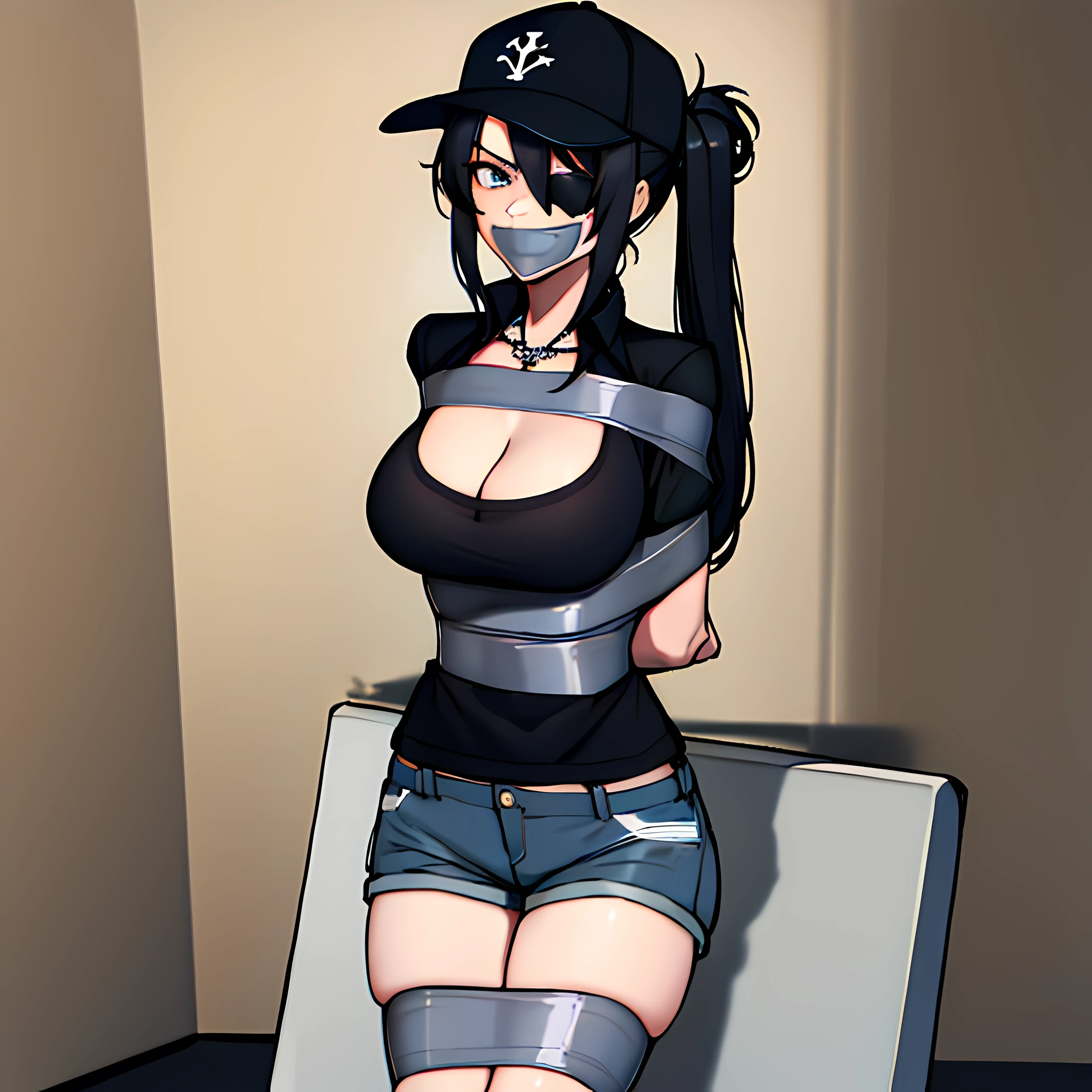 (absurdres, 8k, 4k, masterpiece, hyper extreme detailed:1.2), best quality, expressive eyes, highres, perfect eyes, 1girl, perfect face, perfect hands, Long Hair, Black hair, braided buns, buns in hair, large bust, crazy face, crazy eyes, crazy smile, eyepatch, gothic, cross necklace, black shirt, streetwear, pantyhose, baseball cap, curious, half body, street clothing, graphic t-shirt, standing, leaning against wall, gothic, pale skin, absurdquality, shocked, concerned, confused, head tilt, cowboy_shot, shorts, short shirt, fang tooth, black eyepatch, smile, black pantyhose, wall background, mature, adult, Sitting down, chair, bound, bondage, (arms behind back:1.4), bdsm, tape gag, tape, tape bondage, restrained, tape wrapped, wrap gag, bondage, taped wrists, taped breasts, taped mouth, taped elbows, taped forearms, standing up, 1girl, cleavage, black hair, frog tied, squatting, taped thighs, taped ankles,