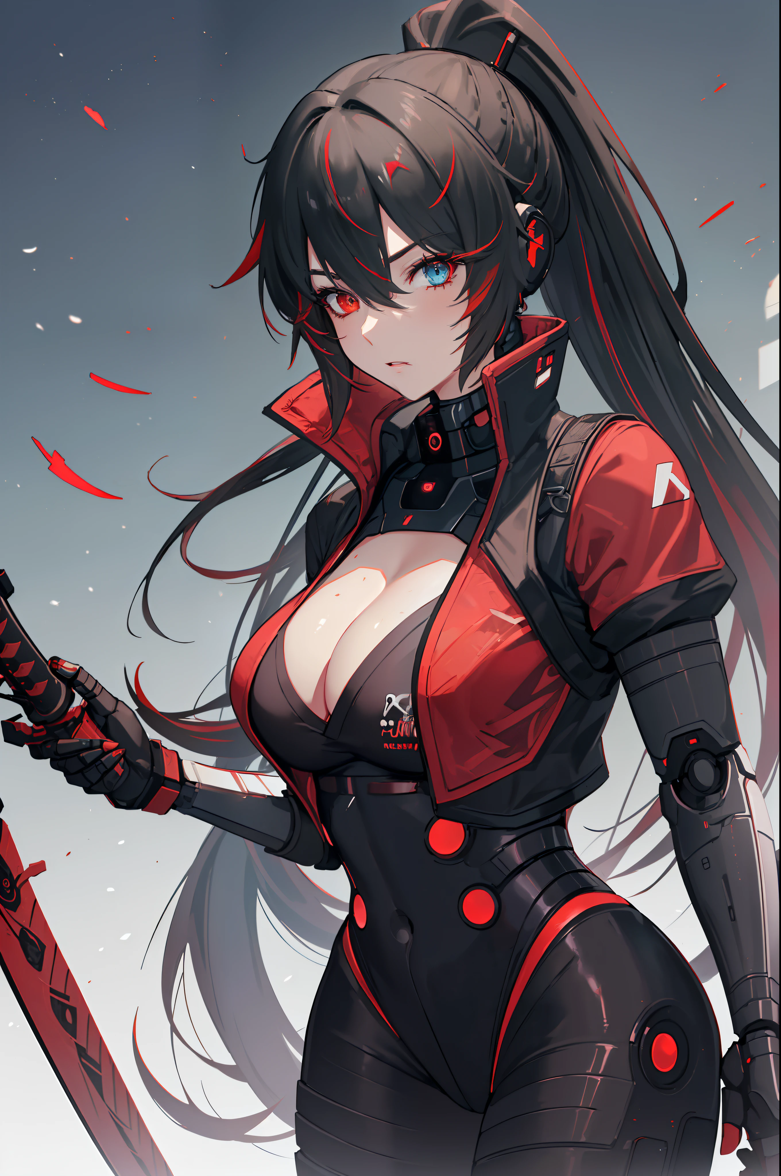 (best quality, masterpiece, anime) (solo) (black hair with red and white highlights:1.2, very long hair, single ponytail), (heterochromia_eyes_red_and_blue:1.4), thick thighs, huge breasts, muscular, athletic, (cyborg:1.4), (android:1.9), (robot arms:1.2), (robot legs:1.2), (high-leg leotard:1.8, one-piece, red_black_outift:1.3, cleavage), (jacket), headgear, toned body, 1 woman, (age 26), (holding sword:1.6), (cybersamurai:1.4), (Ninja:1.4), beautiful, sexy, first rate body, Lucia_Crimson_Weave, Lucia