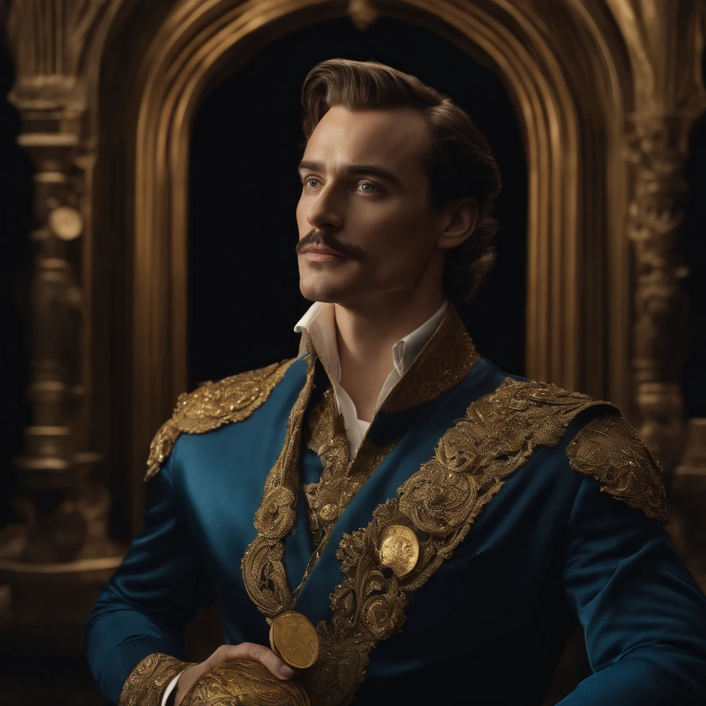 (a handsome man with sharp features, blue eyes, and a confident smile),(holding a leather stone bag overflowing with shiny gold coins),(the bag has intricate engravings and looks heavy and valuable),(the man is dressed in a stylish blue suit, perfectly tailored),(the background is a mesmerizing world that seems to be constantly transforming, with surreal and dreamlike elements),(the lighting is dramatic, casting shadows and highlighting the man's facial features and the glimmering coins),(the colors are vibrant and rich, with a mix of deep blues, golds, and hints of surreal green),(the image is rendered in high definition, showcasing every small detail with crystal clarity,),(the overall style is realistic, resembling a high-quality photograph that captures the essence of the scene),(the composition is inspired by the works of Salvador Dali, creating a sense of wonder and intrigue),(the direction is influenced by Christopher Nolan, with a cinematic and dynamic feel, as if freezing a pivotal moment in an epic movie scene)