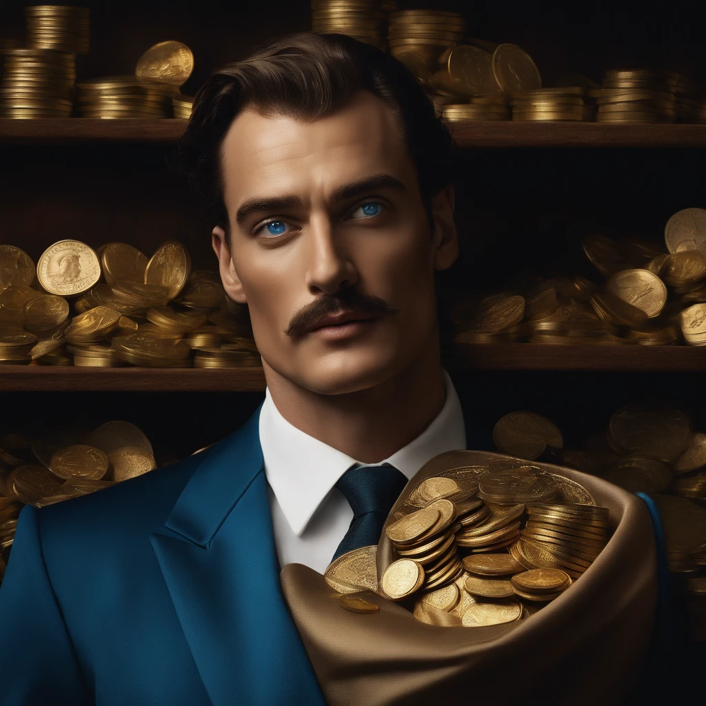 (a handsome man with sharp features, blue eyes, and a confident smile),(holding a leather stone bag overflowing with shiny gold coins),(the bag has intricate engravings and looks heavy and valuable),(the man is dressed in a stylish blue suit, perfectly tailored),(the background is a mesmerizing world that seems to be constantly transforming, with surreal and dreamlike elements),(the lighting is dramatic, casting shadows and highlighting the man's facial features and the glimmering coins),(the colors are vibrant and rich, with a mix of deep blues, golds, and hints of surreal green),(the image is rendered in high definition, showcasing every small detail with crystal clarity,),(the overall style is realistic, resembling a high-quality photograph that captures the essence of the scene),(the composition is inspired by the works of Salvador Dali, creating a sense of wonder and intrigue),(the direction is influenced by Christopher Nolan, with a cinematic and dynamic feel, as if freezing a pivotal moment in an epic movie scene)