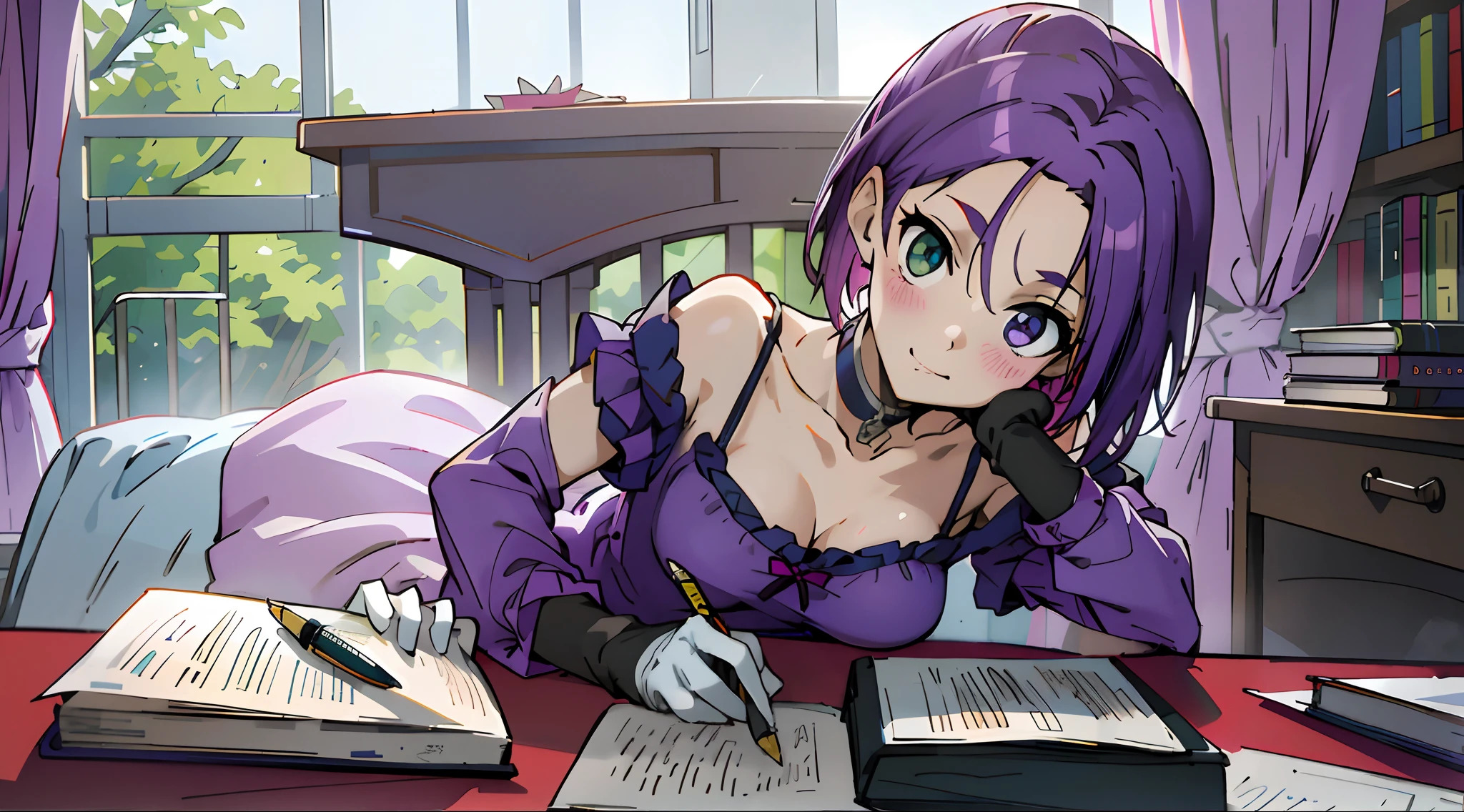 masutepiece, Best Quality, Ultra-detailed, Off-the-shoulder clothing, Colorful,Up-close, Hyper-detailing，purple color  hair, Reo Mikage, Blue Lock, no sleeves, Camisole, Blue Camisole, Cheongsam, chinese clothes, Chest exposure, Lace underwear, Metamorphosis is exposed, Choker, Black Choker, arm warmer, Hands in white gloves, Place your left hand in the chin pose, Five Fingers, Sexy breasts, Scar, Big breasts, red blush, 1girl in, Solo, Sharp face, Heterochromia, Green eyes, Purple eyes, Bare neck, Happy face, Bedroom, bed, desk work, paper, Boken, pens, Quill pen on desk, Pen in right hand, Rest your chin