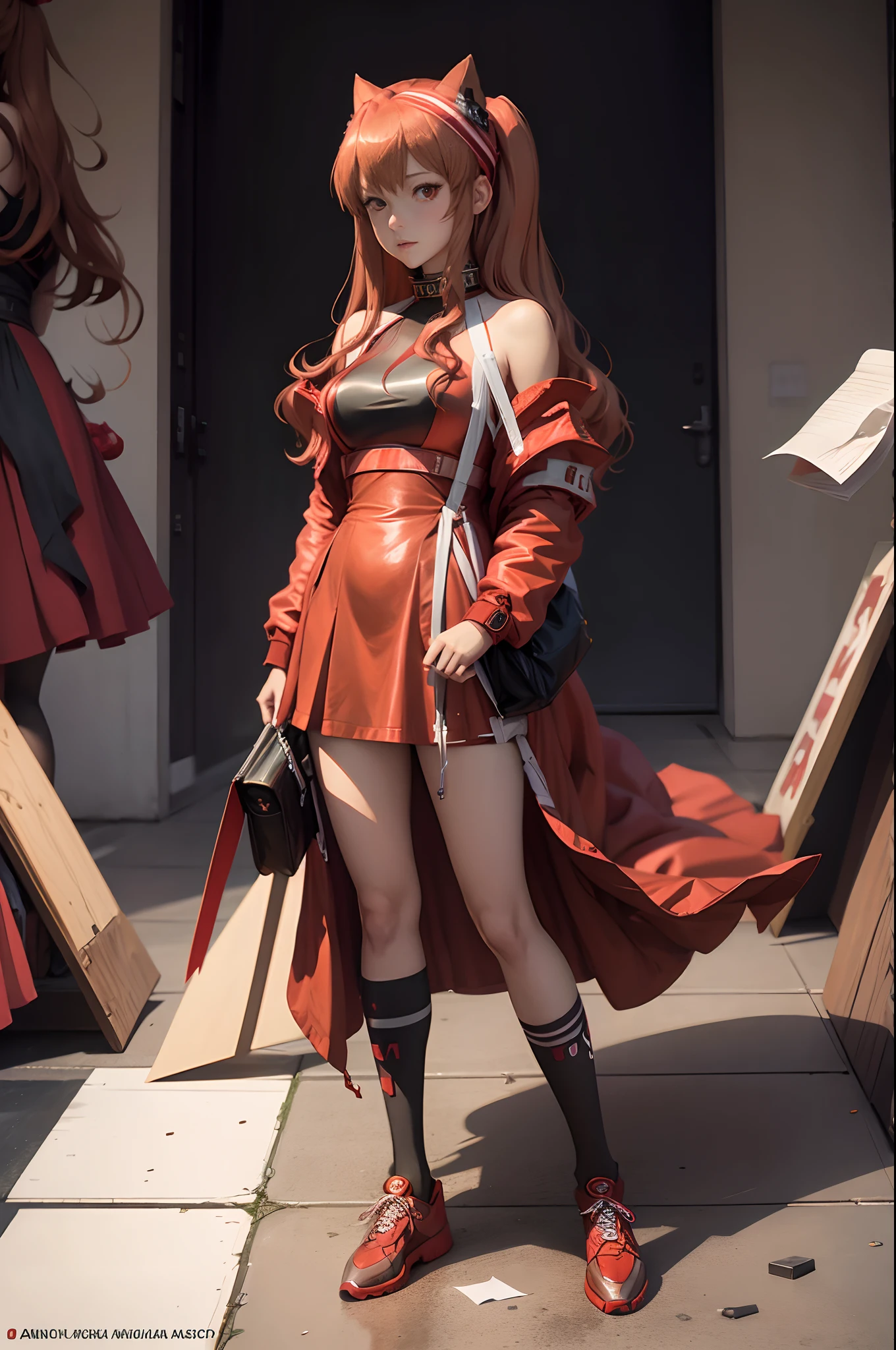 Anime Girl in red dress standing in front of a wall of paper, portrait of asuka langley soryu, asuka langley, asuka langley sohryu, Asuka Langley Soryu, asuka langley souryuu, asuka, anime poster film still portrait, Official anime artwork, anime style like fate/stay night, Detailed key anime art, Key anime art