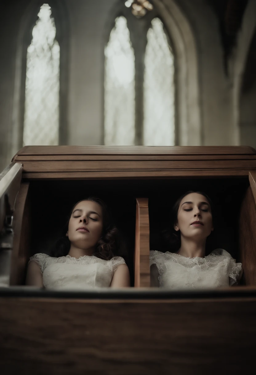 Twin sisters sleeping in a coffin,stocklings