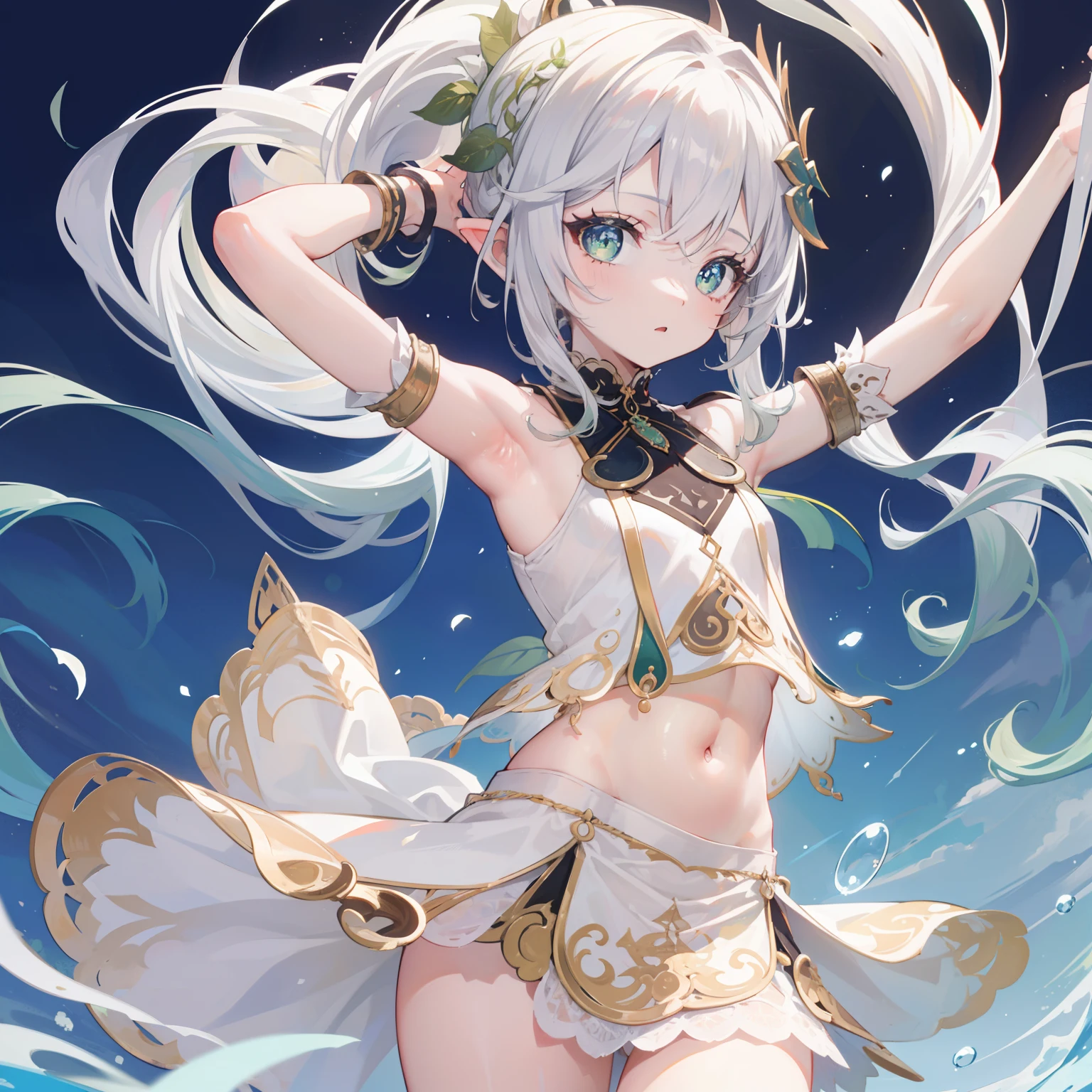 Nahida, 1girl, white hair, high quality, best quality, masterpiece, (highly detailed:1.2), (extremely detailed:1.3), flat chest, string ribbon, high-waisted skirt, crop top, bare shoulders, armpits, navel