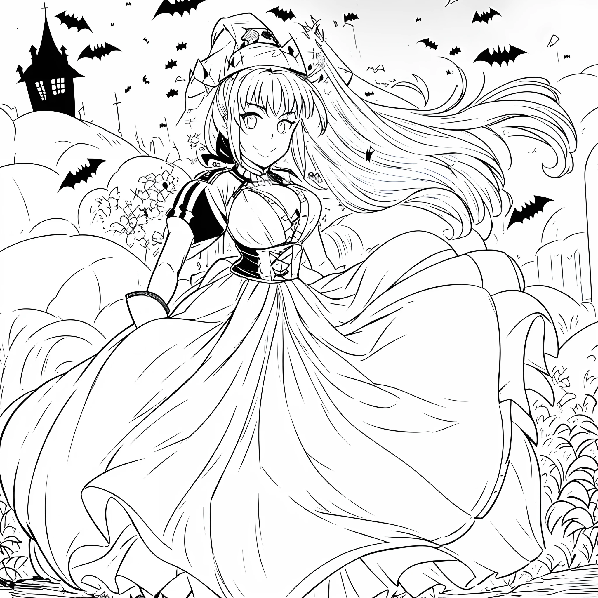 Artoria Pendragon, (Halloween:1.2), lineart, monochrome, masterpiece, best quality, 1girl, solo, long_hair, looking_at_viewer, smile, dress, ribbon, jewelry, very_long_hair, hair_ribbon, flower, bracelet, Halloween hat