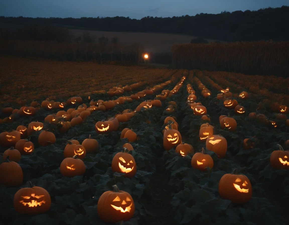 flying on a broom, flying over a pumpkin field, at night, low camera angle, all fours, (best quality, 4k, highres, masterpiece:1.2), ultra-detailed, (realistic:1.37), dark style, moonlit, vivid colors, eerie lighting