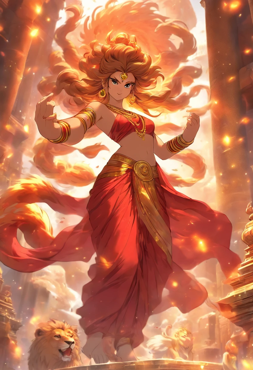 (highly detailed), (illustration), (complex), (full body image), Indian goddess, Hinduism, (transparent red sari), dynamic pose, (lion close), Hindu mythology, colorful, attractive, celestial, inside a Temple.