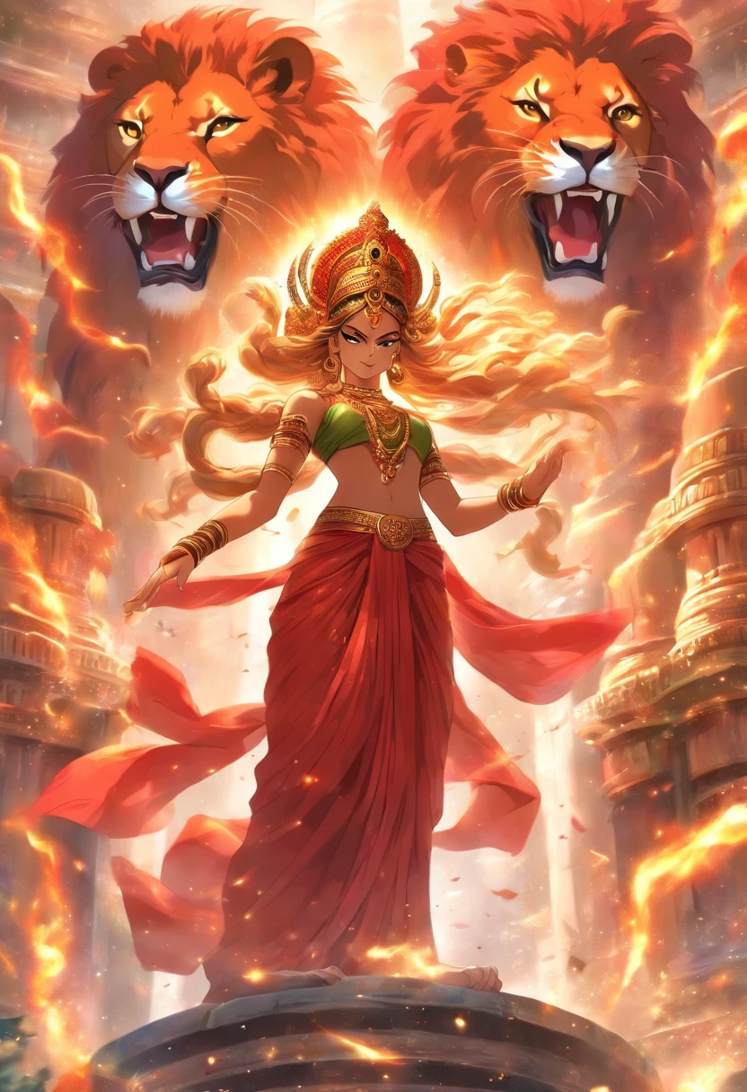 (highly detailed), (illustration), (complex), (full body image), Indian goddess, Hinduism, (transparent red sari), dynamic pose, (lion close), Hindu mythology, colorful, attractive, celestial, inside a Temple.