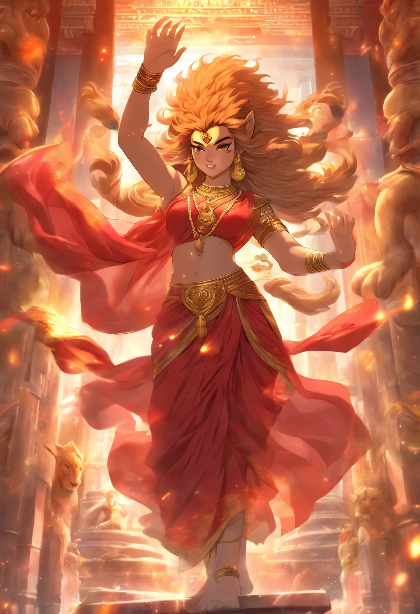 (highly detailed), (illustration), (complex), (full body image), Indian goddess, Hinduism, (transparent red sari), dynamic pose, (lion close), Hindu mythology, colorful, attractive, celestial, inside a Temple.