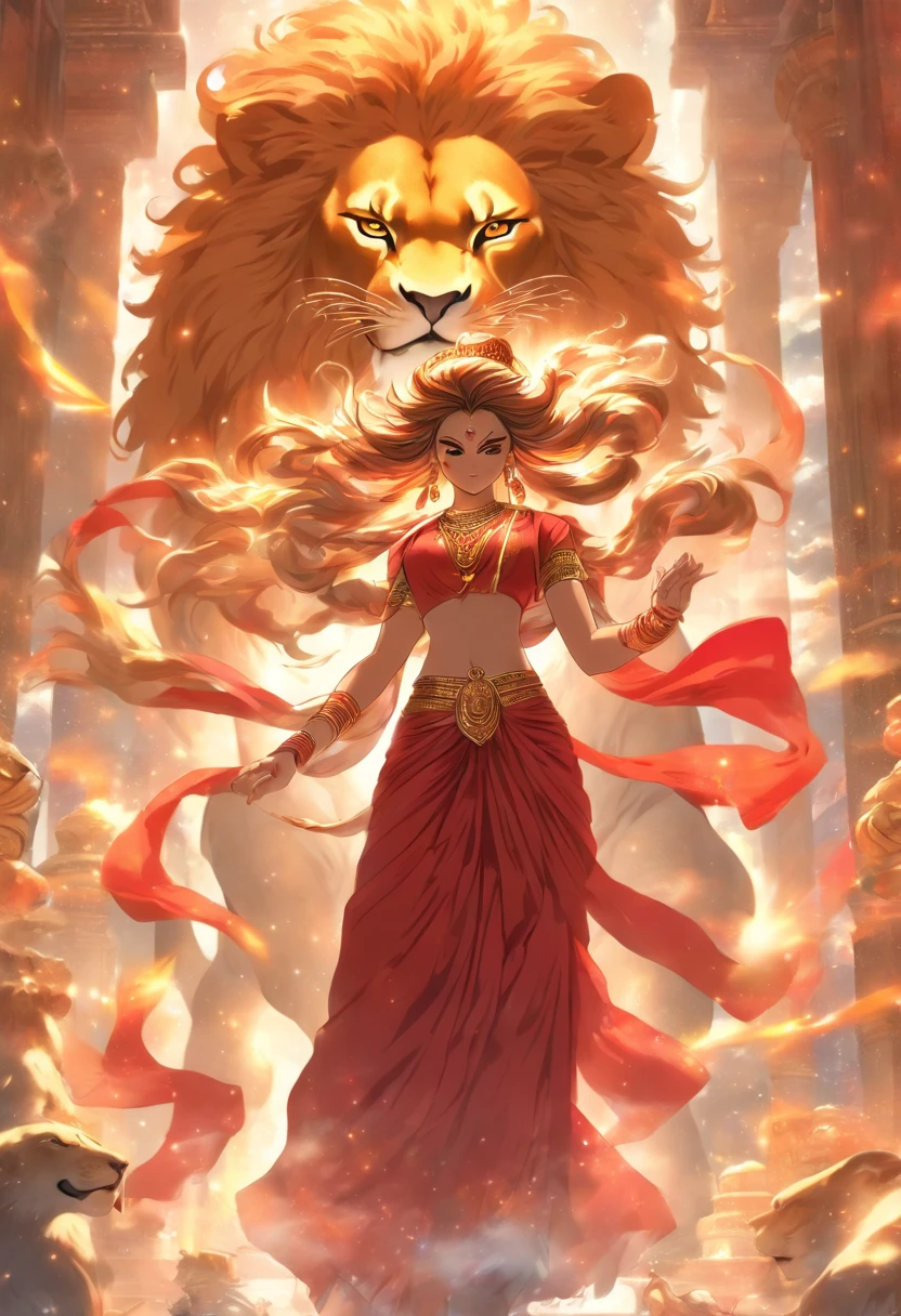 (highly detailed), (illustration), (complex), (full body image), Indian goddess, Hinduism, (transparent red sari), dynamic pose, (lion close), Hindu mythology, colorful, attractive, celestial, inside a Temple.