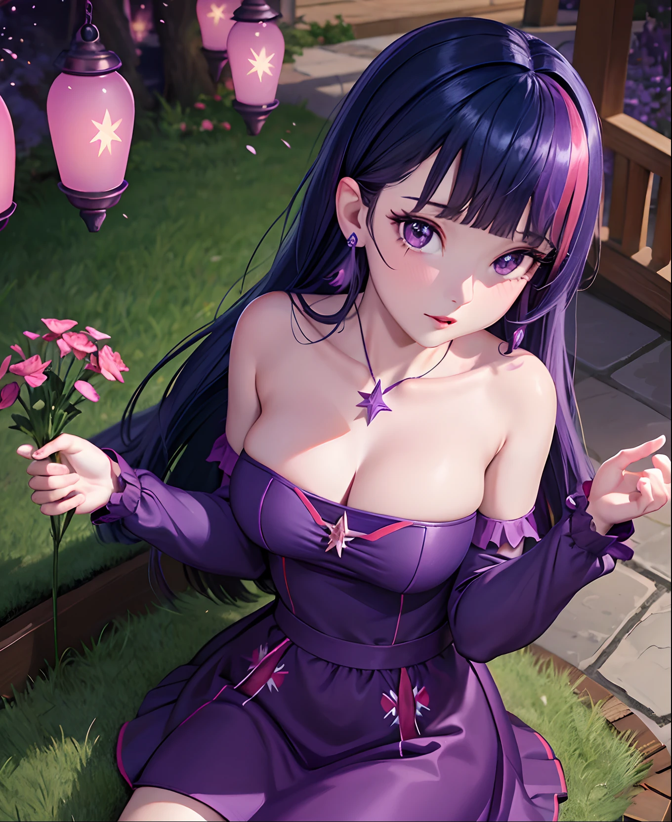 Twilight Sparkle, twilight Sparkle from my little pony, twilight Sparkle in the form of a girl, in a purple dress, big breasts, lush breasts, voluminous breasts, elastic breasts, closed breasts, in a garden, star earrings, evening, purple dress, long sleeves, purple sky, sitting straight in grass, flowers surrounding her, holding lots of flowers, sakura trees, petals falling, garden lights, purple lights