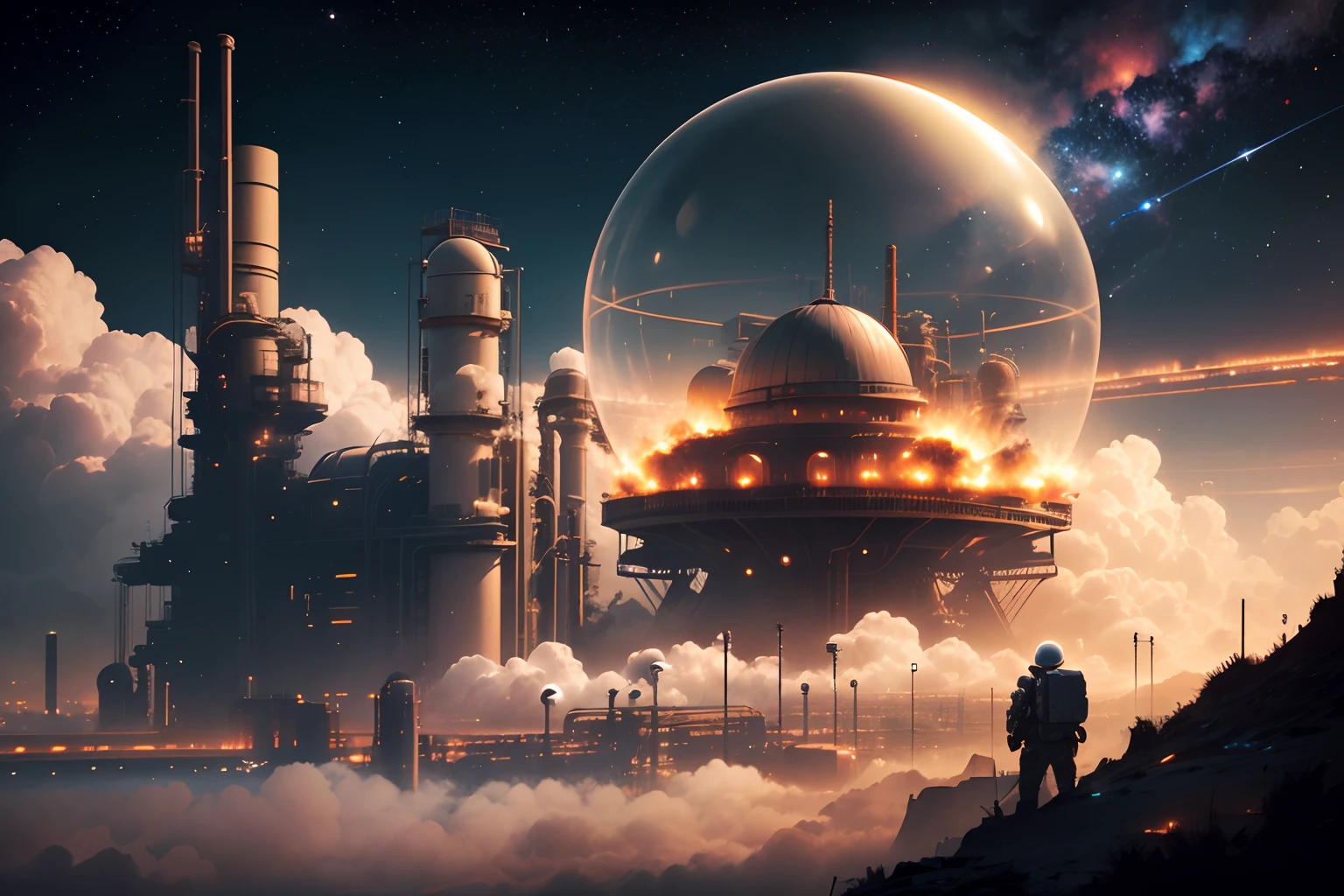 (1 Clear_Domed city floating in space), deep space background, Dieselpunk:1.5, industrial:1.5, James_Blish, "Cities_in_Flight", Spindizzy, Rust_Belt, retro_sci-fi:1.5, (venting factory smoke into space)