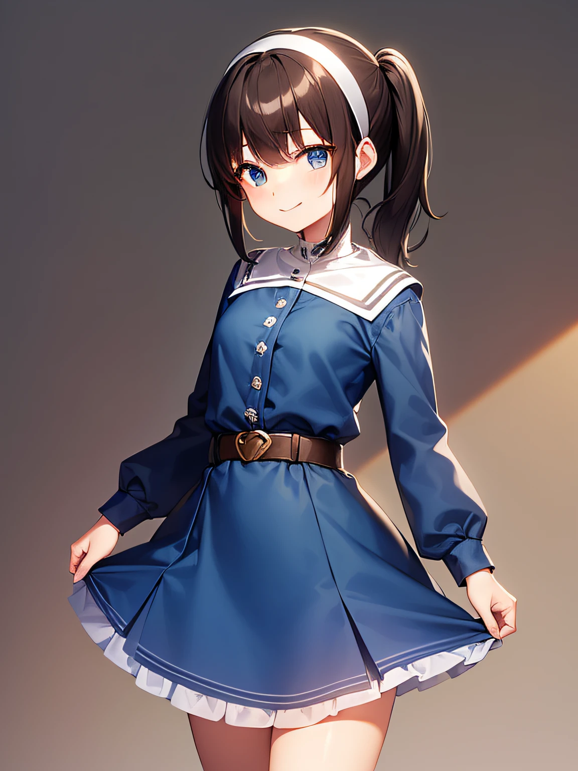 top-quality、extremely delicate and beautiful、Teen Girls、small tits、((((Solo Girl))))、11years old girl、(dark brown hair)、Blue clothes with vertical buttons、Belt at waist、White skirt、((((poneyTail))))、(white hairband)、(Brown boots)、blue eyess、is standing、A smile、Sister of the Brave