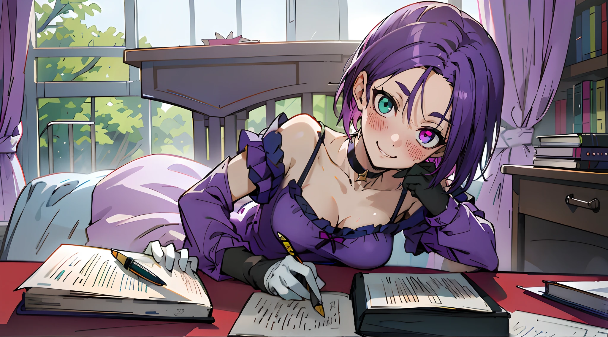 choker, black choker, Heterochromia, Teal green eyes, Purple eyes, red blush, Happy face