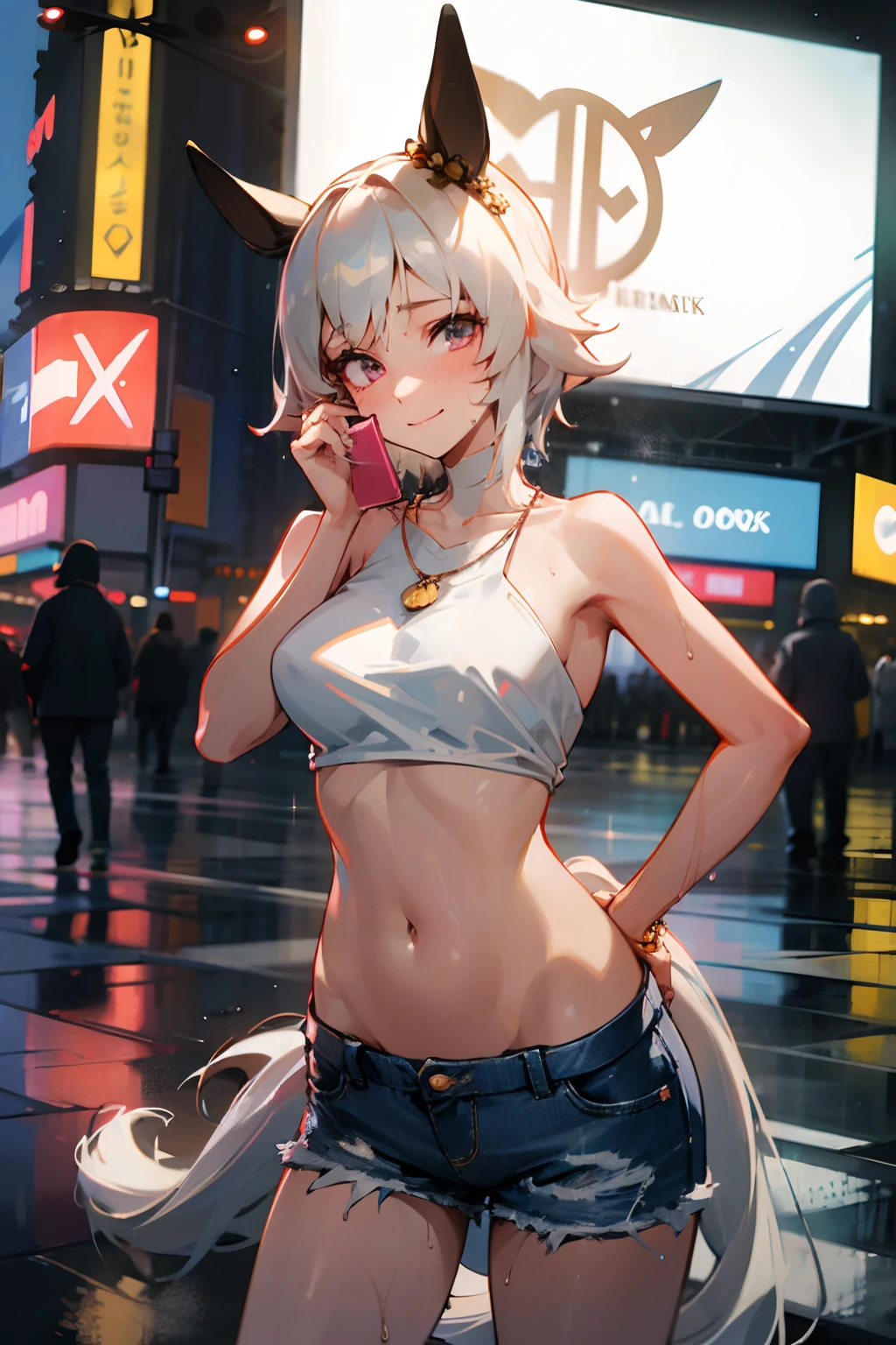 nsfw, masterpiece, 1 girl, , navel, intricately detailed, topless, new york times square, night, neon lights, crossing, crowd, navel, necklace, holding smartphone, denim shorts, smiling, extremely detailed, photorealistic, octane render, 8 k, unreal engine. horse ears, horse tail, bare breasts, bare stomach, sweaty, people on background, heavy breathing, raining, puddle, wet body, hand on hips