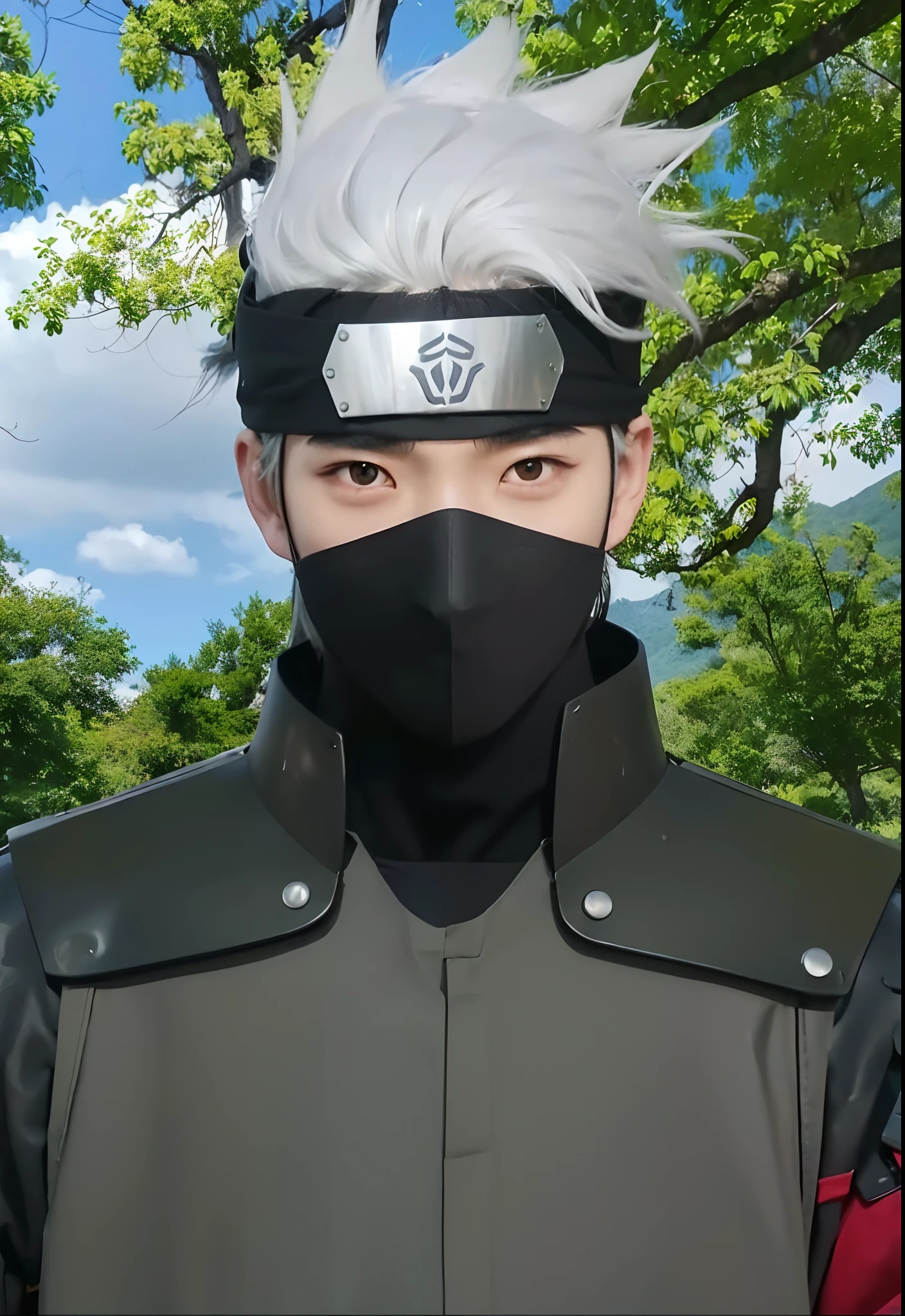 Real life adaption of this character, ((Korean teen handsome face)), Realistic eyes,((realistic same hair)),((wear realistic black headband with iron plate)), ((realistic same outfit with same iron armor)), hyper realistic, realism, realistic light, realistic shadow,(photorealistic:1.2),Cool expression, realistic background,match with background