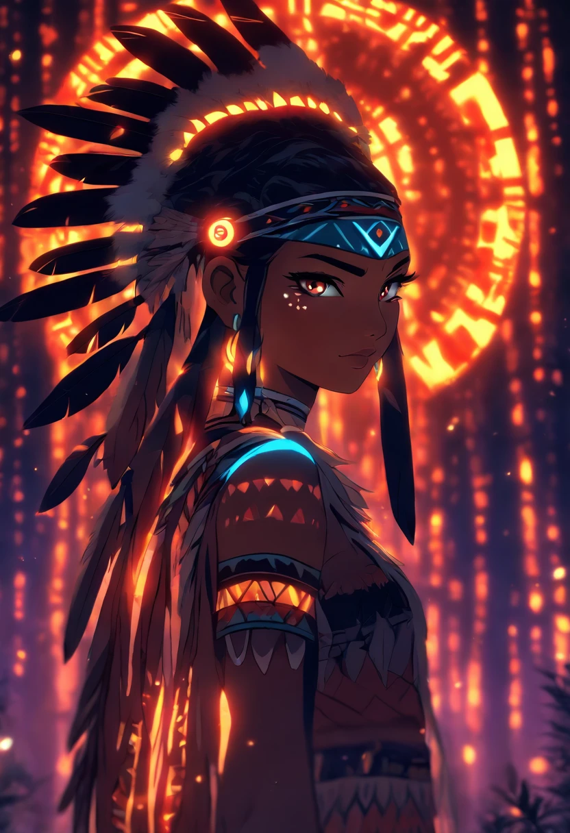 ((Indigenous Goddess))) best quality, very high resolution, 4K detailed CG, master piece,woman,Indigenous Goddess,Indigenous headdress, moonlight,Moon Goddess,standing,indigenous clothing,forest,aesthetics,beautiful image,centered on screen, full body