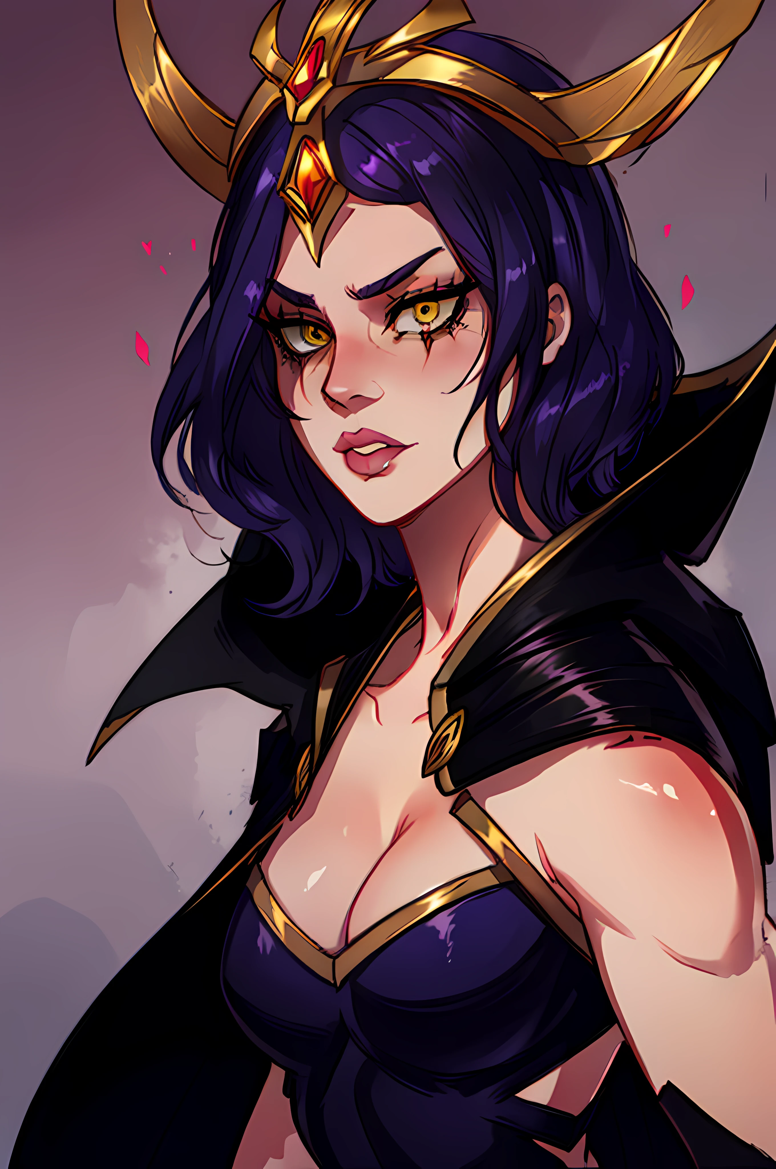 best quality, standing, face portrait, leblanc, cape, dark purple hair, golden crown, perfect anatomy, tights, yellow eyes, master piece