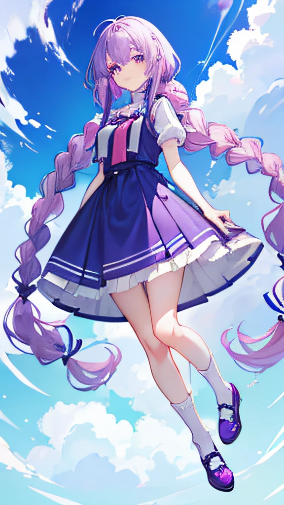 Purple colored hair，long whitr hair，Purple eyes，Twist braids，adolable，teens girl，a blue dress，White silk knee socks，Wear pink leather shoes on your feet，full-body photo on the front，All body，Fingers and arms are not exposed，Background sky，with blue sky and white clouds