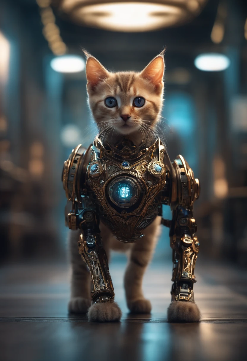 A kitten in fashion walking upright, robot, Cyberpunk Style, ((Intricate details)), hdr, ((Intricate details, Super detailed)), Cinematic footage, Vignette