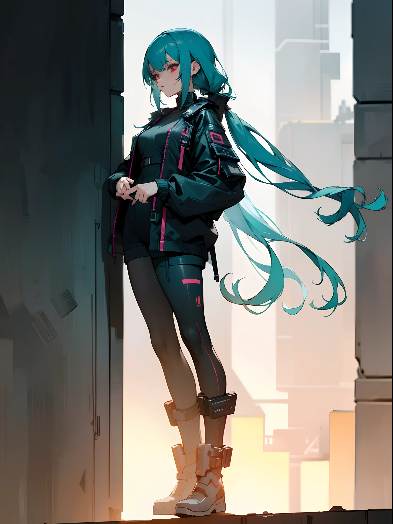 a Character in a black outfit , cyberpunk streetwear, wearing cyberpunk streetwear, cyberpunk outfit, wearing techwear and armor, all black cyberpunk clothes, cyberpunk style outfit, cyberpunk clothes, cyberpunk fashion, style of cyberpunk, cyberpunk outfits, futuristic techwear, photograph of a techwear, cyberpunk fashion clothing, cyberpunk high fashion, has cyberpunk style, muted cyberpunk style
(masterpiece, best quality )detailed, 1Character , pastel washed out colors , cell shade , soft, muted shades ,gentle colors , blue archive art style, Beautiful woman, teal hair , extremely long hair , hair in Pigtails style , ((large chest)) , red eyes , age 28