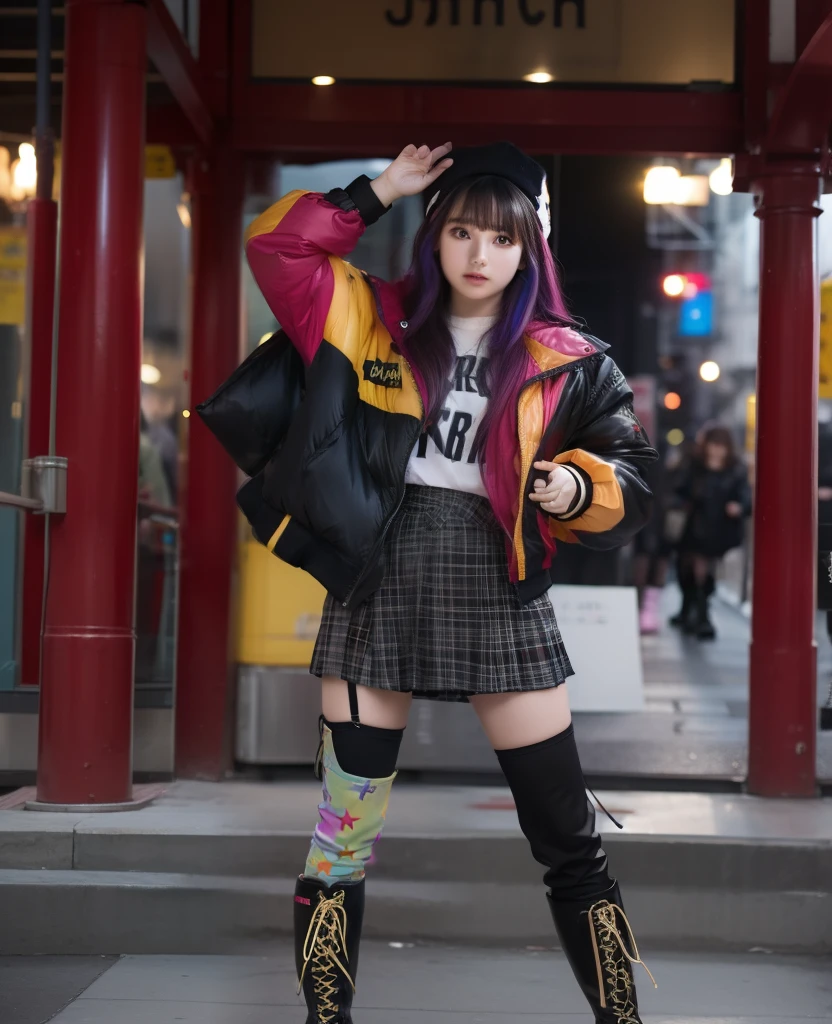 infp young woman、Good Style、Colorful hair、colorful fashion、Idol face、large full breasts、jaket、a miniskirt、Colorful tights、long boots