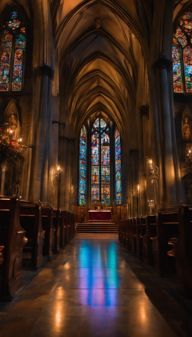 Ambiente realista de uma catedral escura, com luzes passando por vitrais coloridos. Ao centro, um piano