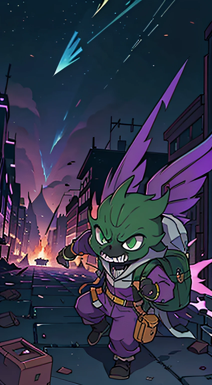 Please generate an image that represents Kha'Ziggs, an imaginary League of Legends champion. He is a mutated creature, with a thin body covered in rough scales in shades of green and purple. He has membranous wings, similar to Kha'Zix's, but these are covered in explosive tumors. Its sharp, sinister claws are visible, ready to attack. He carries a backpack on his back, which contains a variety of explosives and chemical devices. The expression on his face is wild and fierce, reflecting his chaotic and destructive nature. In the background, you can see a devastated urban landscape, with debris and explosions all around, emphasizing its affinity with chaos and destruction.League of legends,arcane style, oil painting