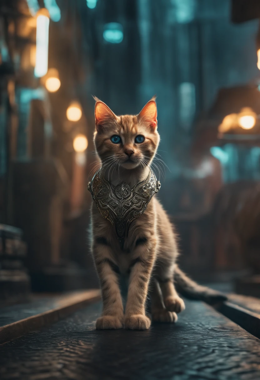 One is like a human，Kittens walking upright on two feet, Cyberpunk Style, ((Intricate details)), hdr, ((Intricate details, Super detailed)), Cinematic footage, Vignette