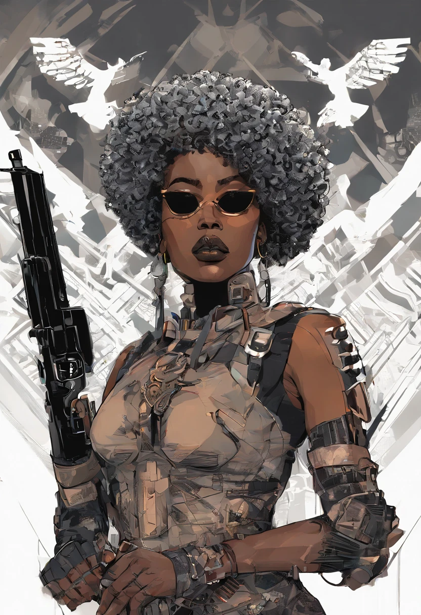 there is a woman in a corset holding a gun, vector art by Mustafa Rakim, Artstation, afrofuturism, black woman, afro, afro futurism, pretty samurai with afro, afro futuristic, afrofuturistic, a black dieselpunk policewoman, afroamerican, black art, black female, black girl, samurai with afro, extremely high quality artwork, afrofuturist, transparent background PNG