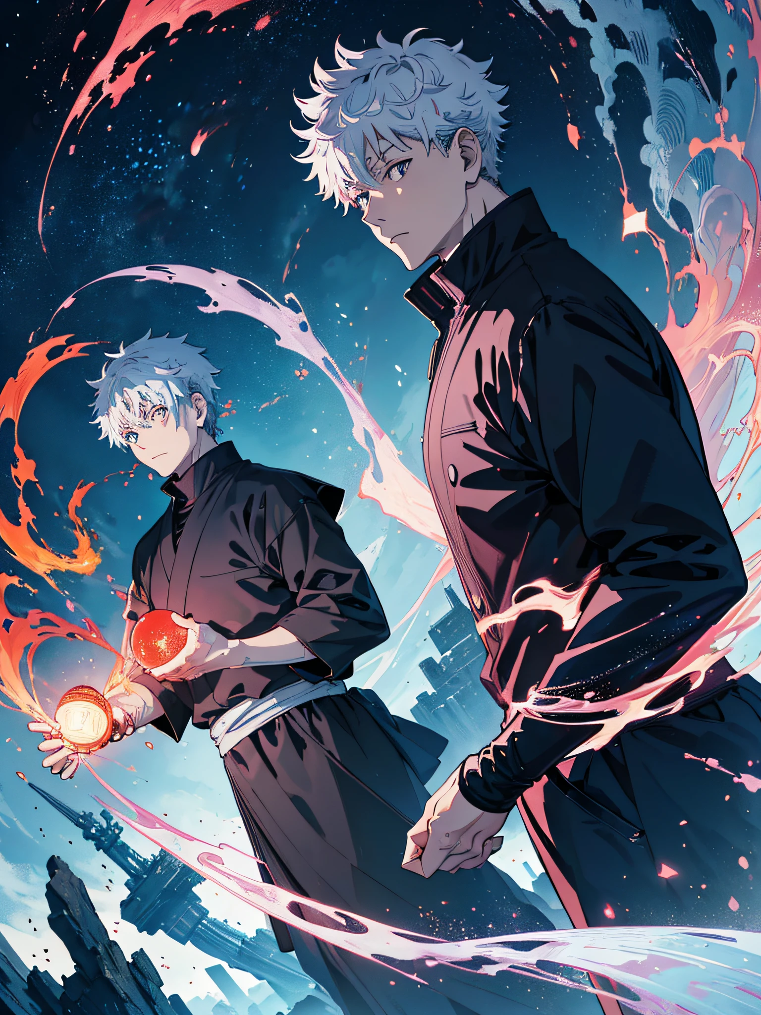 Satoru Gojo (Jujutsu Kaisen), Satoru Gojo using small red sphere power, eye focus, 6 path eyes, glowing light blue eyes, full body, grandeur, , (ultra-realistic), {8k CG unit wallpaper extremely detailed}, expansive landscape photography, (a far angle view with focus on the character and setting), (wide open field view), (low angle shot), (high light: 1.3), (low light: 1.3), (low light: 1.0), (warm light source: 1.4), intricate details, (iridescent colors: 1.6), (bright lighting), (atmospheric lighting), Dreamy, magical, badass, Jujutsu Kaisen