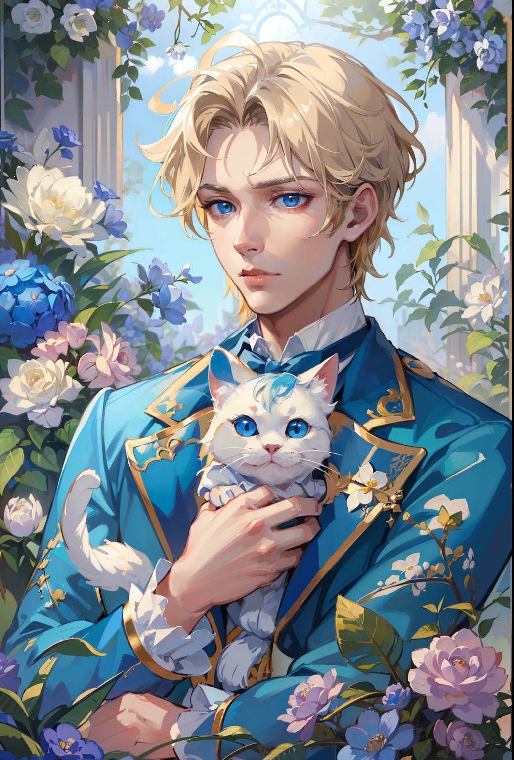 ((8K,2K)), (best quality), ((ultra-detailed)), ((extremely delicate and handsome face)) 1 guy, 1 young man, short blonde hair, blue eyes, blue and white victorian outfit, victorian fantasy, wonderland fantasy, standing straight, arms down, alice in wonderland, victorian, teaparty, flowers, cat, waist up