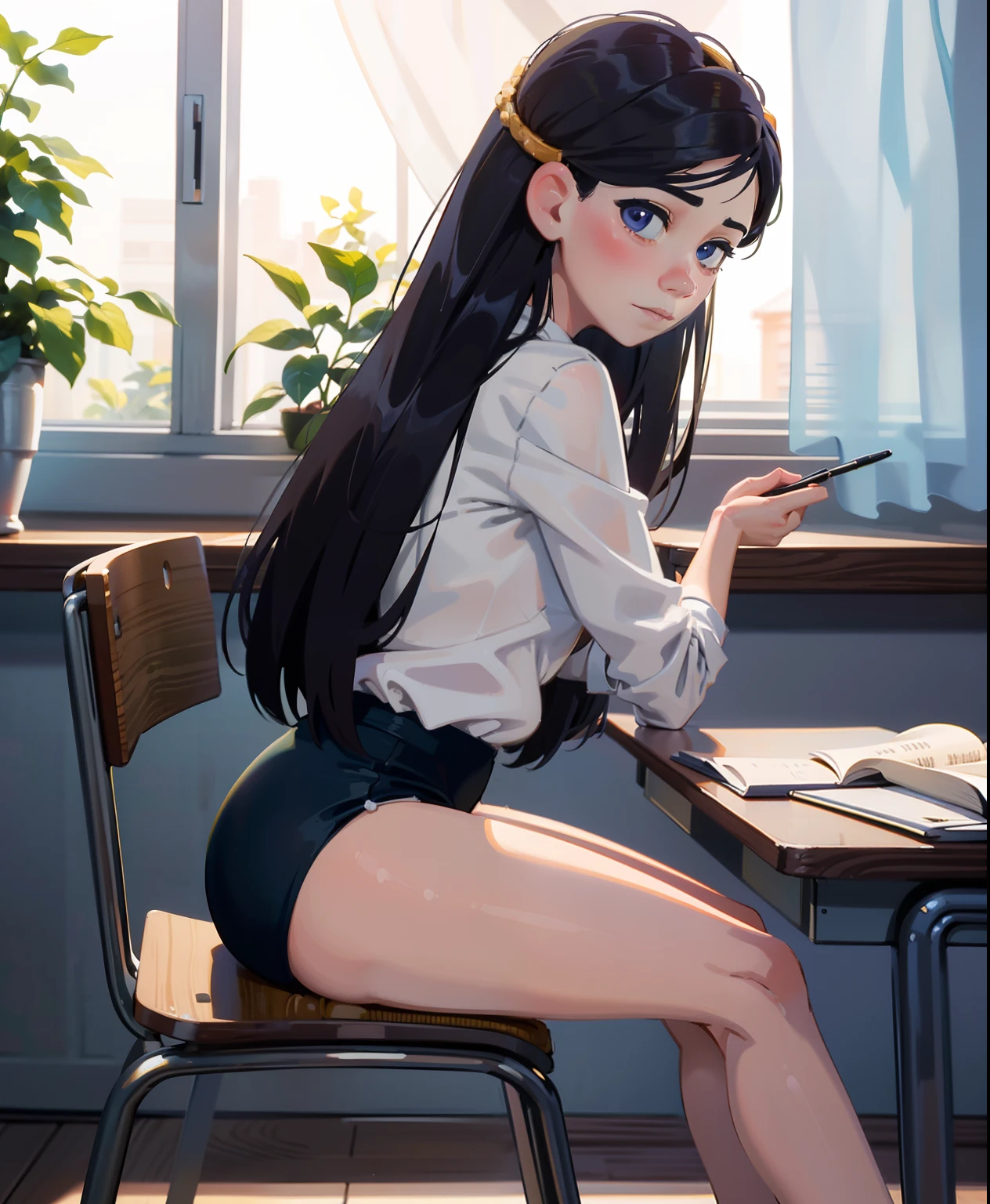 (best quality,highres),thick,shy girl sitting in a classroom, in school uniform, beautiful detailed eyes and face, long eyelashes, pensive expression, diligently doing school work. Crisp focus on the girl, capturing her intricate features and the fine details of her face. Soft lighting illuminates the classroom, creating a serene and tranquil atmosphere. The girl's thick figure is accentuated by the way she sits, exuding a gentle presence. The artwork exhibits a realistic style, with vivid colors and a warm color palette that adds depth to the scene. The girl's shy demeanor is complemented by her posture, slightly hunched over her books, immersed in her studies. The classroom is filled with academic paraphernalia, including textbooks, papers, and a chalkboard in the background, emphasizing the educational setting. Overall, the artwork portrays a peaceful moment of a self-conscious girl engrossed in her studies, inviting viewers to appreciate the beauty of academia and the individuality of each student, super thick, revealing clothes, hentai pic, giant ass,