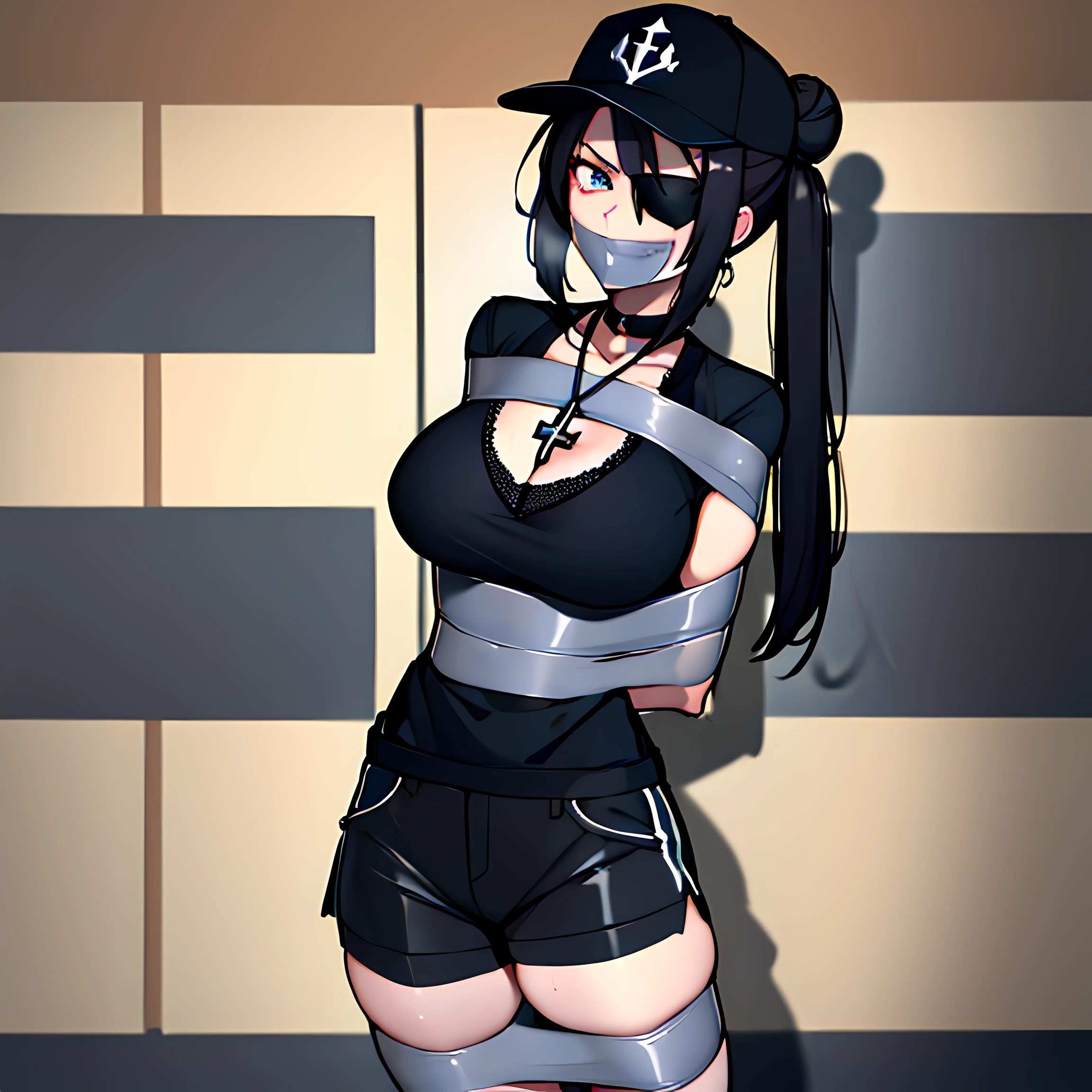 (absurdres, 8k, 4k, masterpiece, hyper extreme detailed:1.2), best quality, expressive eyes, highres, perfect eyes, 1girl, perfect face, perfect hands, Long Hair, Black hair, braided buns, buns in hair, large bust, crazy face, crazy eyes, crazy smile, eyepatch, gothic, cross necklace, black shirt, streetwear, pantyhose, baseball cap, curious, half body, street clothing, graphic t-shirt, standing, leaning against wall, gothic, pale skin, absurdquality, shocked, concerned, confused, cowboy_shot, shorts, short shirt, fang tooth, black eyepatch, smile, black pantyhose, wall background, mature, adult, bound, bondage, (arms behind back:1.4), bdsm, tape gag, tape, tape bondage, restrained, tape wrapped, wrap gag, bondage, taped wrists, taped breasts, taped mouth, taped elbows, taped forearms, standing up,