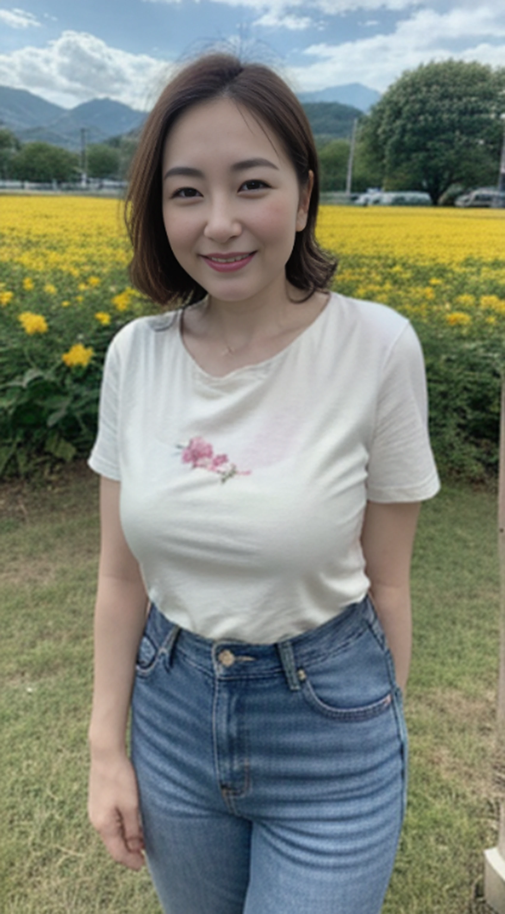 (8K、RAW photography、Photorealsitic:1.3)、47-year-old mature woman，The face is delicate，Elegant feminine，Happy and charming，Wear jeans and a white t-shirt，The fabric of the T-shirt outlines her huge bust and M cups，The clothes conform to her curves，dynamic angle，Clouds and mountains，（flower  field：1.4）In the foreground，Jeans and white T-shirt，Light tracing，（Floating colorful wind：1） （realisticlying：1.4），offcial art，Unity 8k壁纸，ultra - detailed，Beautiful and beautiful，tmasterpiece，best qualityer，Glowing skin，cinmatic lighting，Light smile