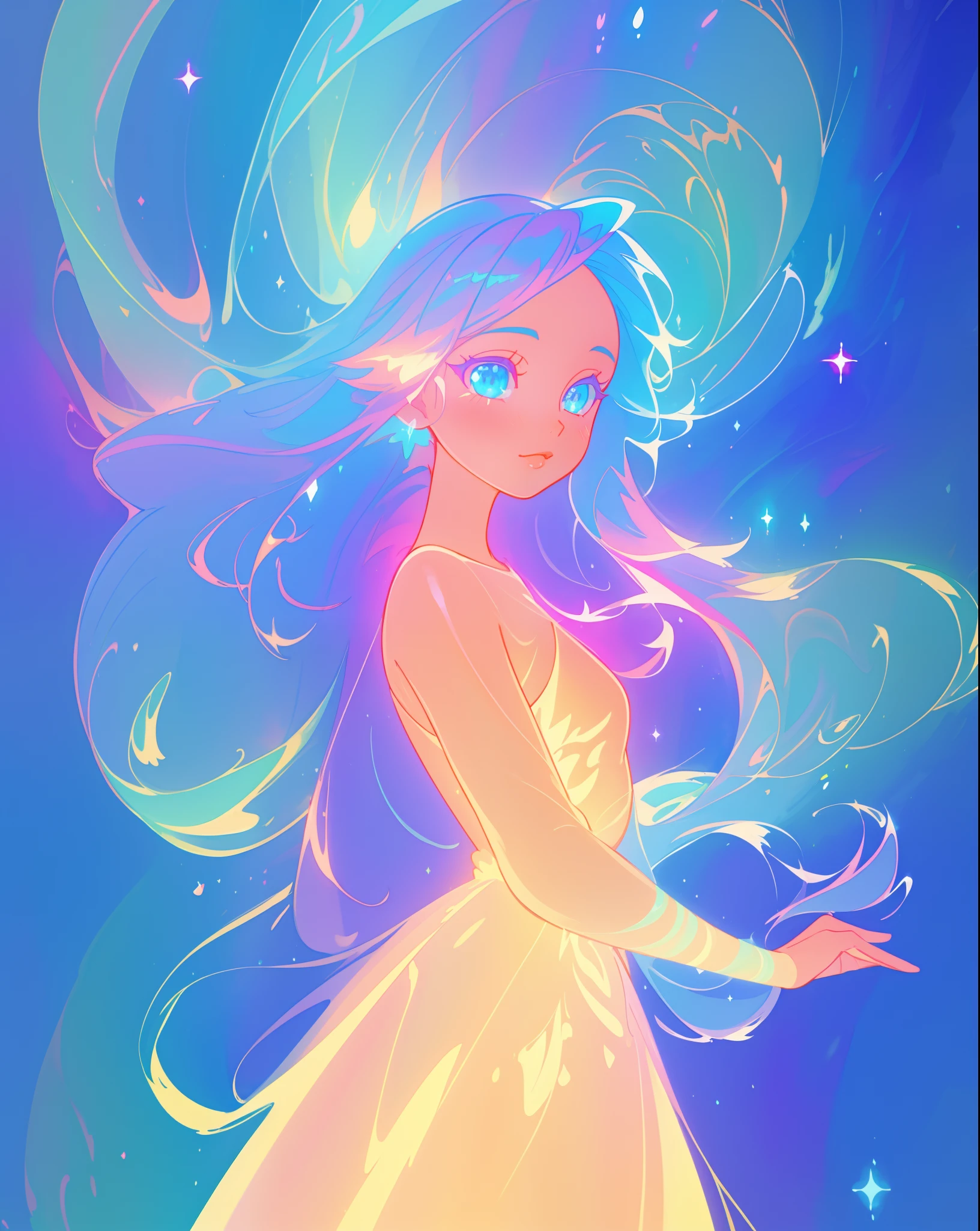 beautiful anime girl in colorful liquid dress, vibrant pastel colors, (colorful), magical lights, colorful long hair made of liquid light, sparkling lines of light, inspired by Glen Keane, inspired by Lois van Baarle, disney art style, by Lois van Baarle, glowing aura around her, by Glen Keane, jen bartel, glowing lights! digital painting, flowing glowing hair, glowing flowing hair, beautiful digital illustration, fantasia background, whimsical, magical, fantasy, beautiful face, ((masterpiece, best quality)), intricate details, highly detailed, sharp focus, 8k resolution, sparkling detailed eyes, liquid watercolor