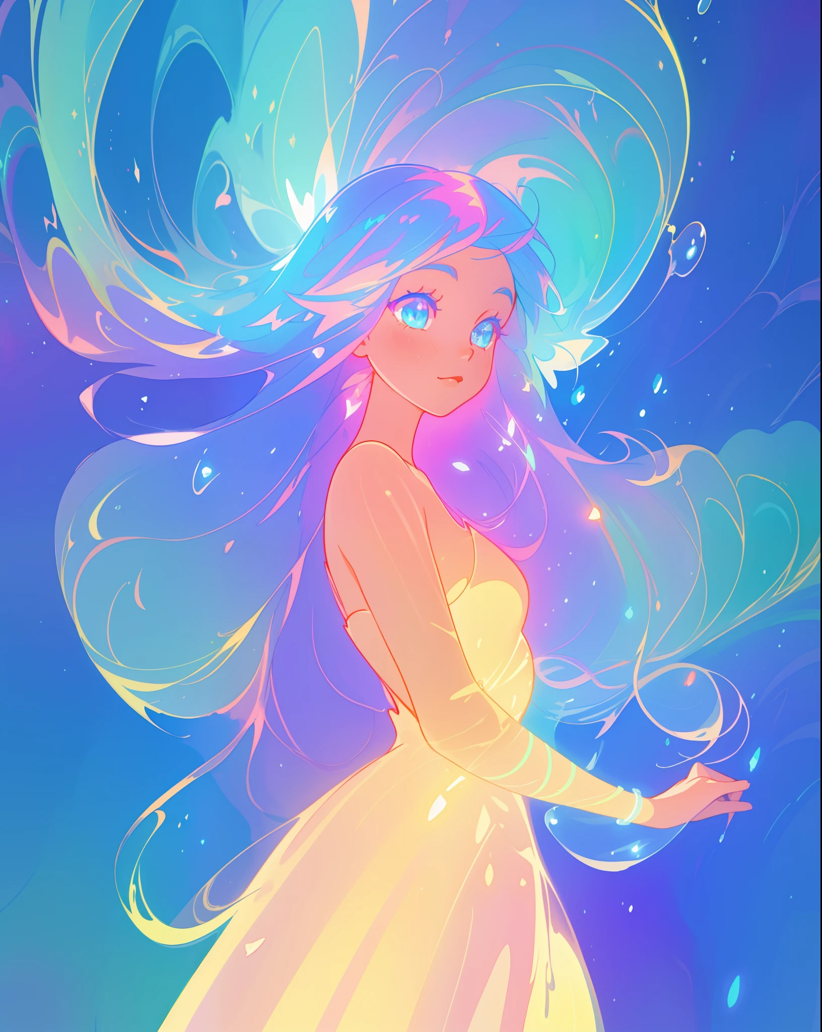 beautiful anime girl in colorful liquid dress, vibrant pastel colors, (colorful), magical lights, colorful long hair made of liquid light, sparkling lines of light, inspired by Glen Keane, inspired by Lois van Baarle, disney art style, by Lois van Baarle, glowing aura around her, by Glen Keane, jen bartel, glowing lights! digital painting, flowing glowing hair, glowing flowing hair, beautiful digital illustration, fantasia background, whimsical, magical, fantasy, beautiful face, ((masterpiece, best quality)), intricate details, highly detailed, sharp focus, 8k resolution, sparkling detailed eyes, liquid watercolor