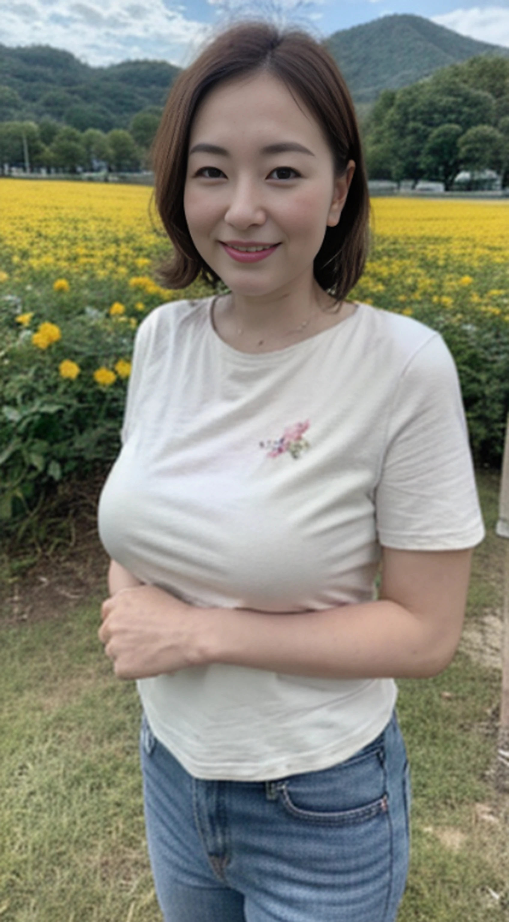 (8K、RAW photography、Photorealsitic:1.3)、47-year-old mature woman，The face is delicate，Elegant feminine，Happy and charming，Wear jeans and a white t-shirt，The fabric of the T-shirt outlines her huge bust and M cups，The clothes conform to her curves，dynamic angle，Clouds and mountains，（flower  field：1.4）In the foreground，Jeans and white T-shirt，Light tracing，（Floating colorful wind：1） （realisticlying：1.4），offcial art，Unity 8k壁纸，ultra - detailed，Beautiful and beautiful，tmasterpiece，best qualityer，Glowing skin，cinmatic lighting，Light smile