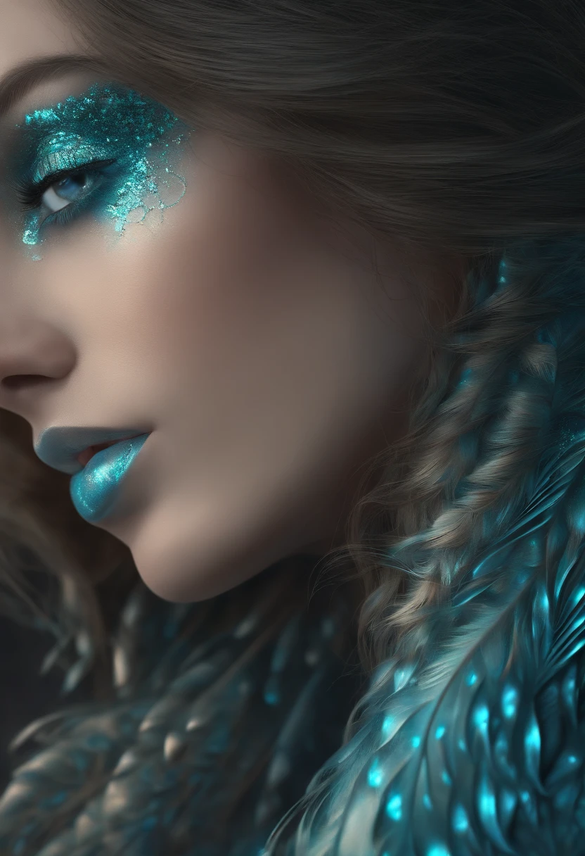 (Masterpiece, Top Quality, Best Quality, Official Art, Beauty and Aesthetics: 1.2), (1girl: 1.3), (Fractal Art: 1.3), Vibrant Aqua Blue Eyes, Medium Hair with Tassels, Nude Midpart