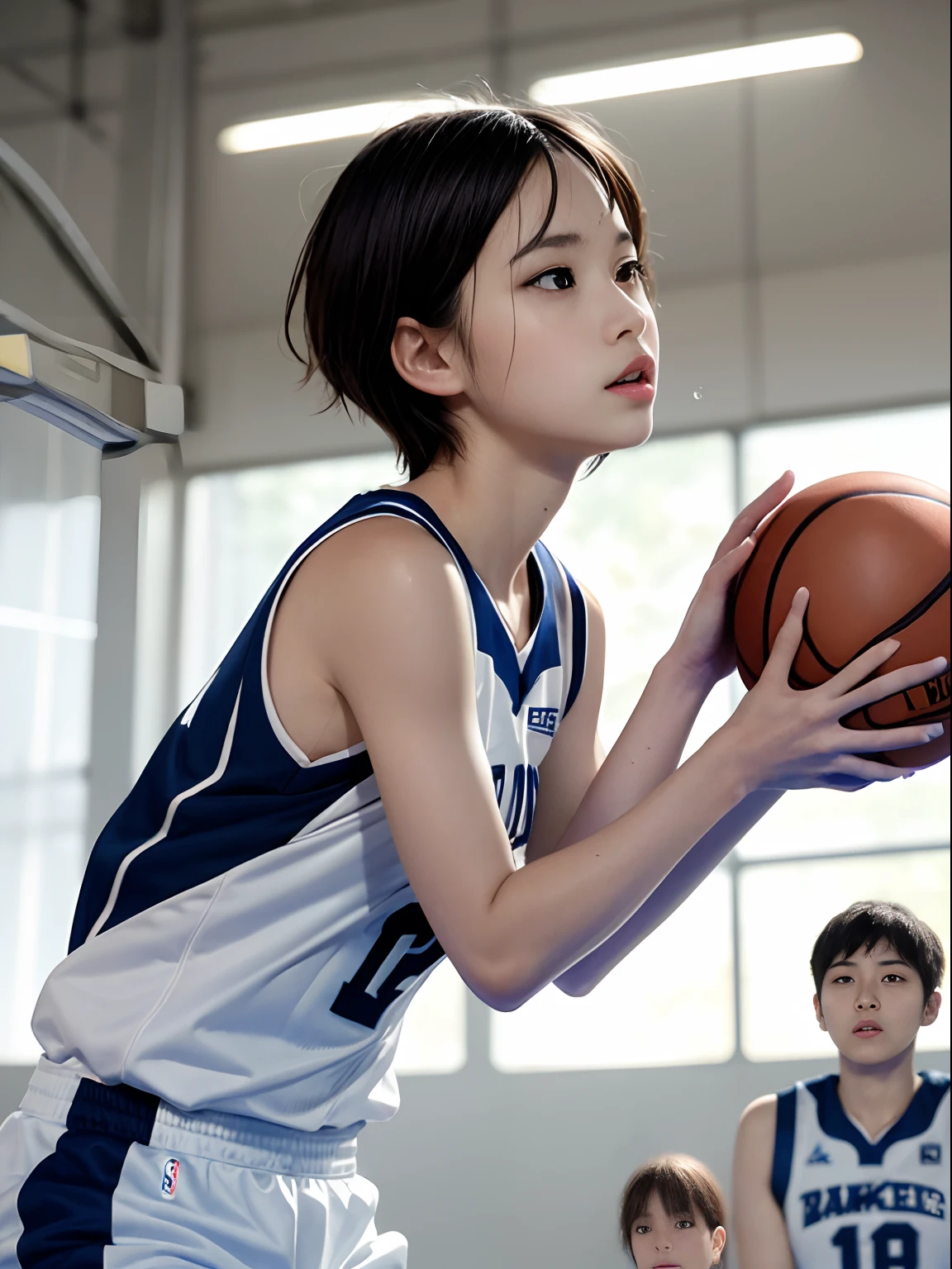 hiquality、Live-action、１girl with、Japan girl、a beauty girl、idol、ar old、Esmanium、6headed body、Brown short hair、drooing eyes、((Basketball Uniforms))、During a basketball game、Advanced sweaty、Uniform wet with sweat、basketball Venues、(((Free throw moment)))、Girl staring at basket ring、Angle from the side、Looking up from below、