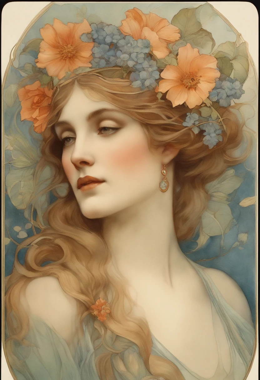 A super detailed watercolor painting，A beautiful woman with flowers in her hair, In the style of Alphonse Maria Mucha and Gustave Kilmut, Art Nouveau accents, fairy princess, Anthropomorphic female, Female figure, Detailed cover artwork, As the goddess of flowers, Alphonse Mucha, Gustav Klimt, pale bluish skin, a marble sculpture, CGSesociety, Gothic art, Art Nouveau, behance contest winner