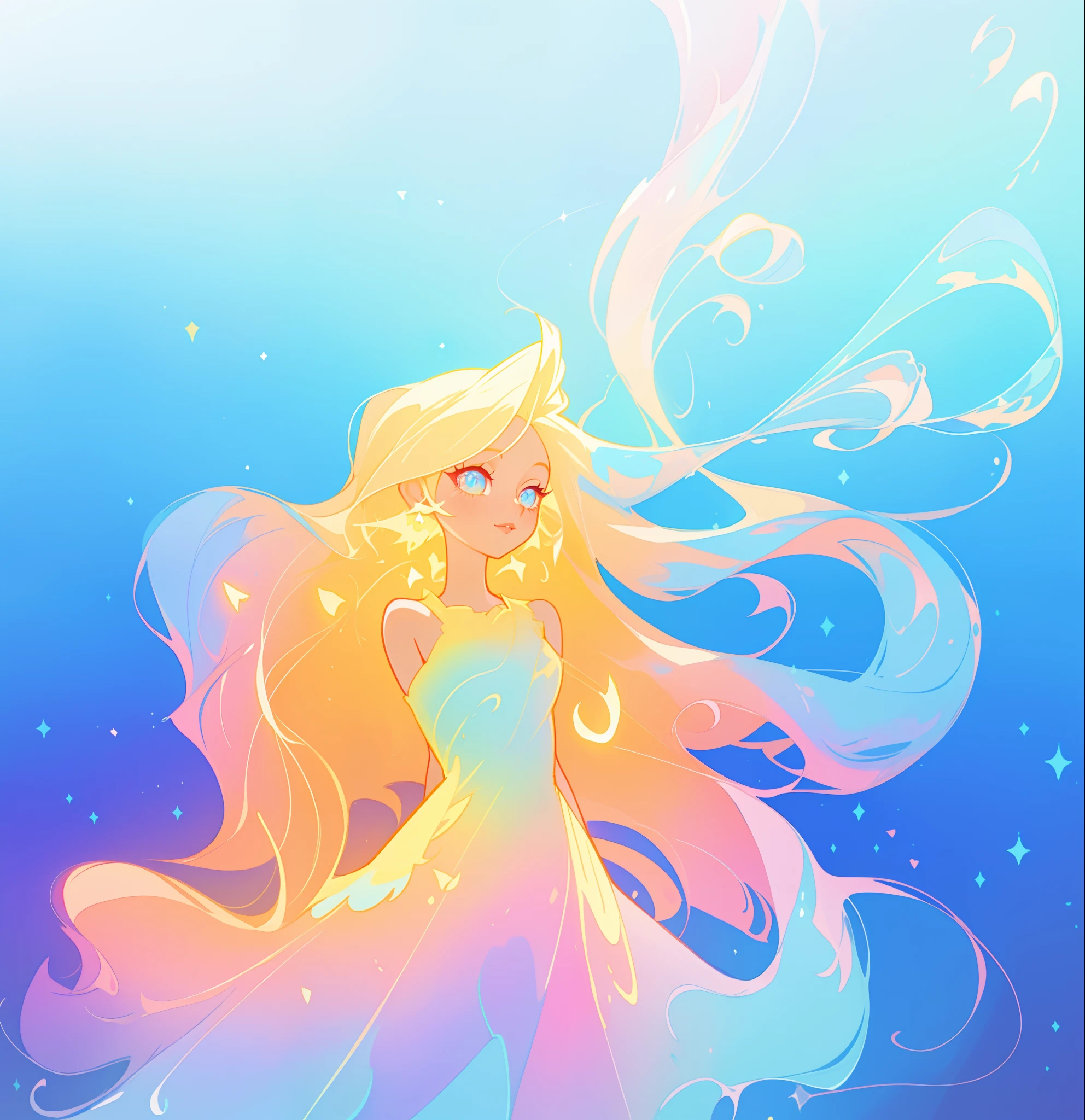 beautiful anime girl in colorful liquid dress, vibrant pastel colors, (colorful), magical lights, long flowing colorful hair, sparkling lines of light, inspired by Glen Keane, inspired by Lois van Baarle, disney art style, by Lois van Baarle, glowing aura around her, by Glen Keane, jen bartel, glowing lights! digital painting, flowing glowing hair, glowing flowing hair, beautiful digital illustration, fantasia background, whimsical, magical, fantasy, beautiful face, ((masterpiece, best quality)), intricate details, highly detailed, sharp focus, 8k resolution, sparkling detailed eyes, liquid watercolor